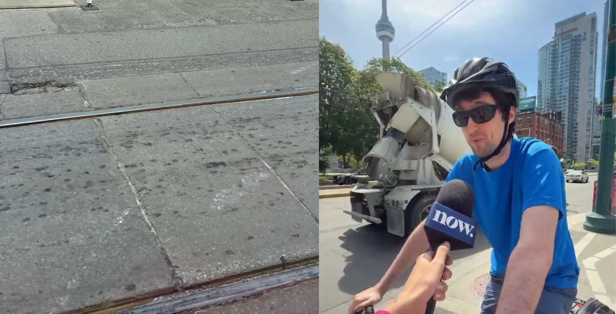 A man wearing sunglasses and a helmet being interviewed by NOW Toronto reporter on a busy city street with construction equipment and tall buildings.