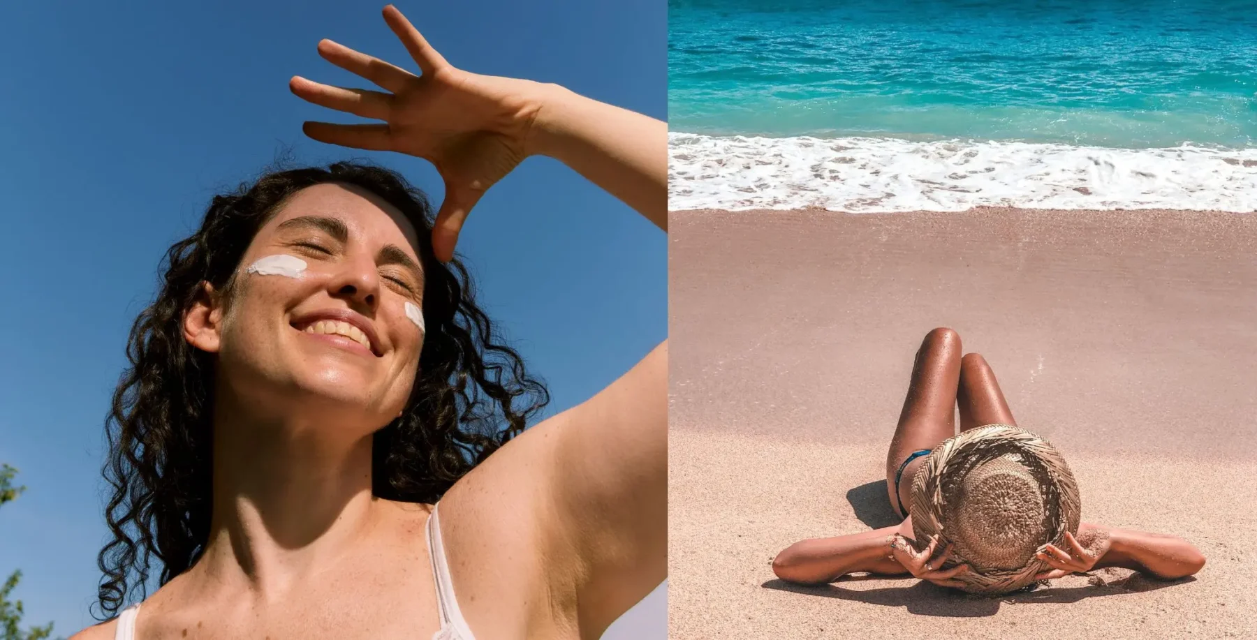 Woman sunbathing on the beach with clear blue sky and ocean in the background, highlighting tanning trends and sun exposure.