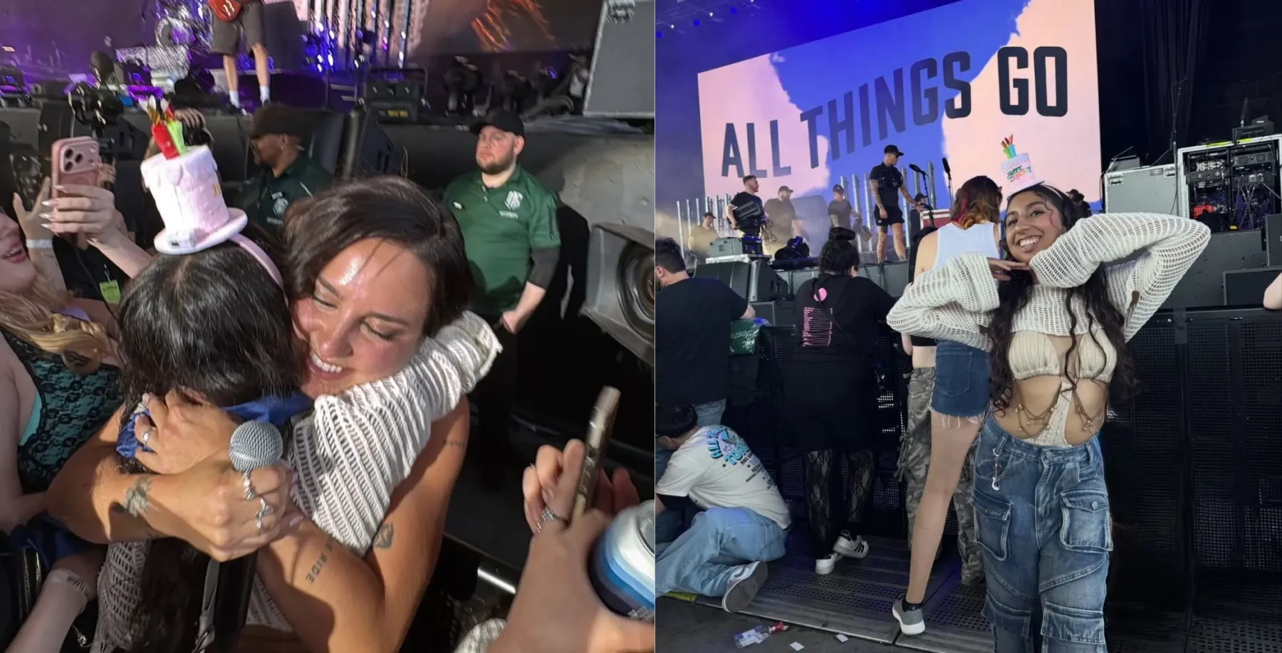 A woman hugging a young girl with a birthday hat at a lively event, and a stage with performers and a large screen displaying "ALL THINGS GO" at a concert or festival in Toronto.