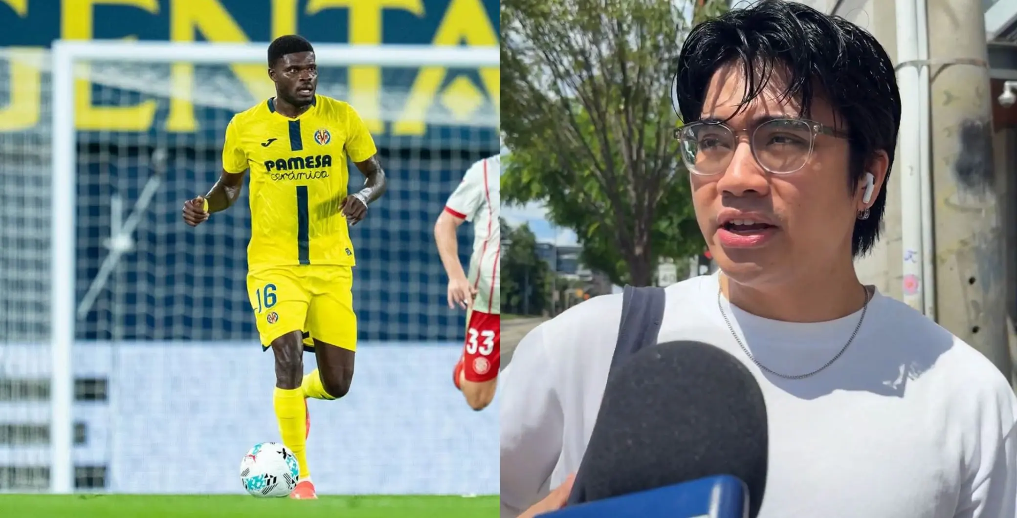 Image shows a soccer player in a yellow jersey on the field and a woman being interviewed outdoors in Toronto.