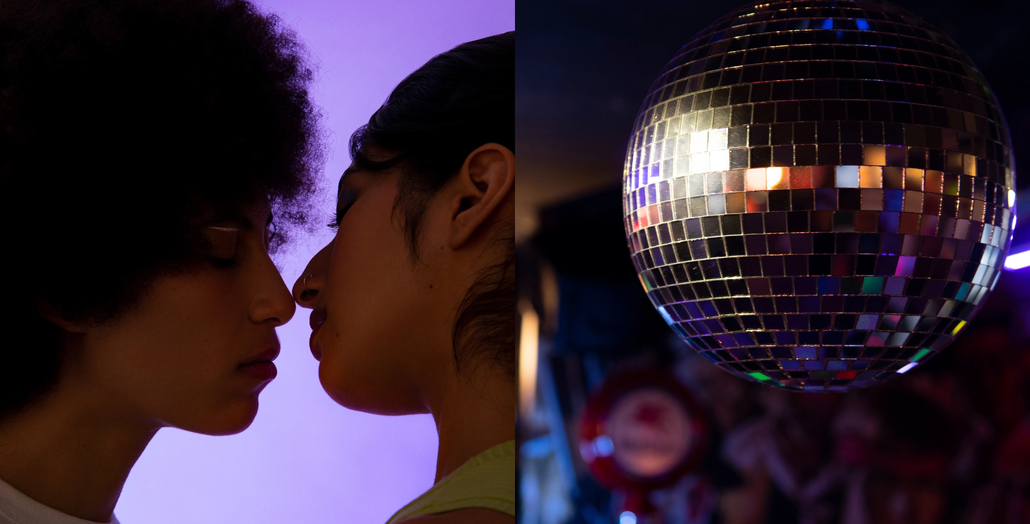 Two women face each other closely in a dimly lit setting with a disco ball reflecting colorful lights in the background, capturing a moment of intimacy and dance.