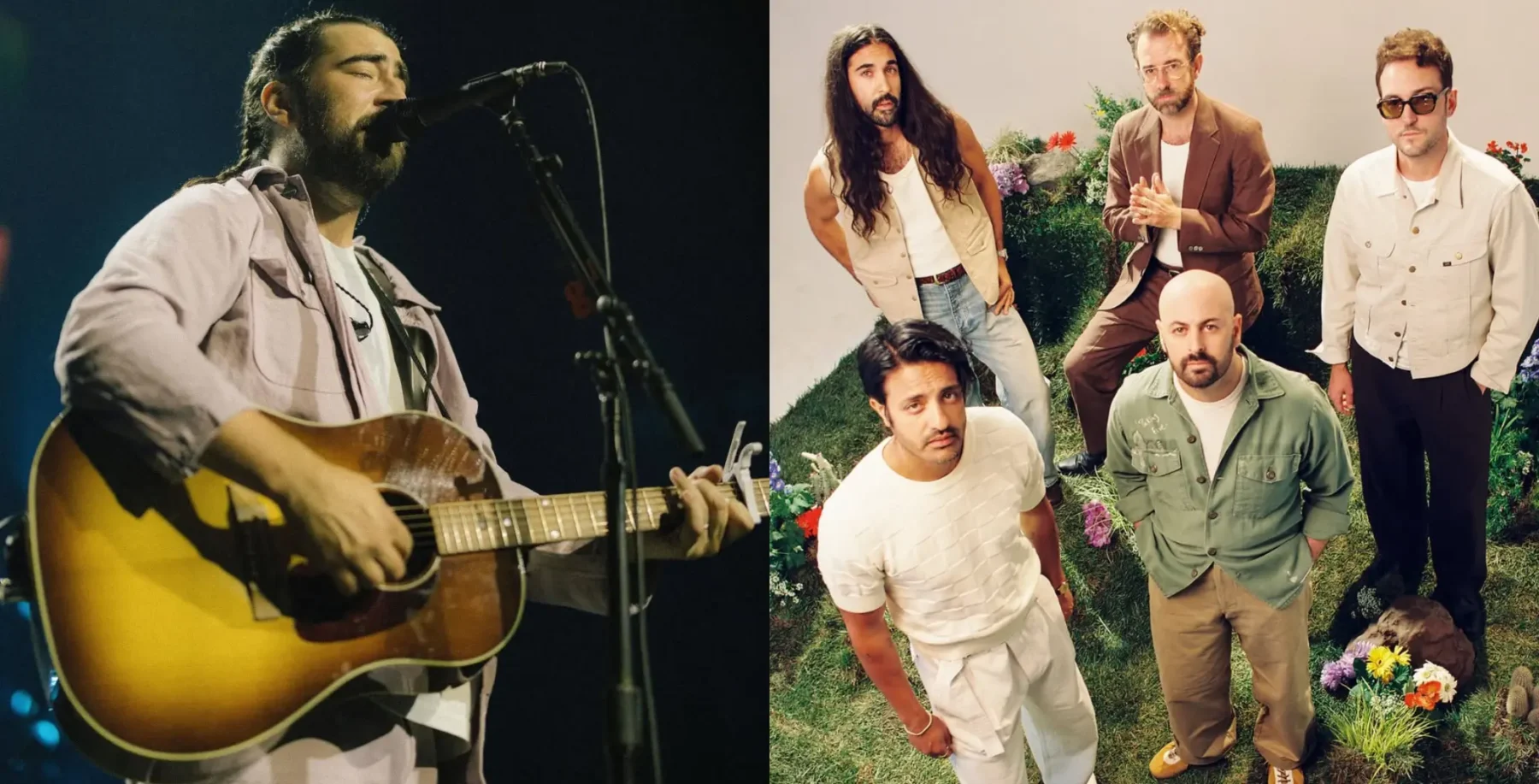 Musicians performing live on stage and a band posing outdoors with flowers, representing Toronto's vibrant music scene.