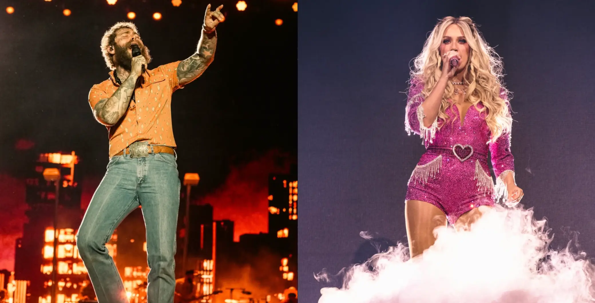 Post Malone and Megan Maroney perform on stage at a concert in Toronto, showcasing popular artists in the local music scene.