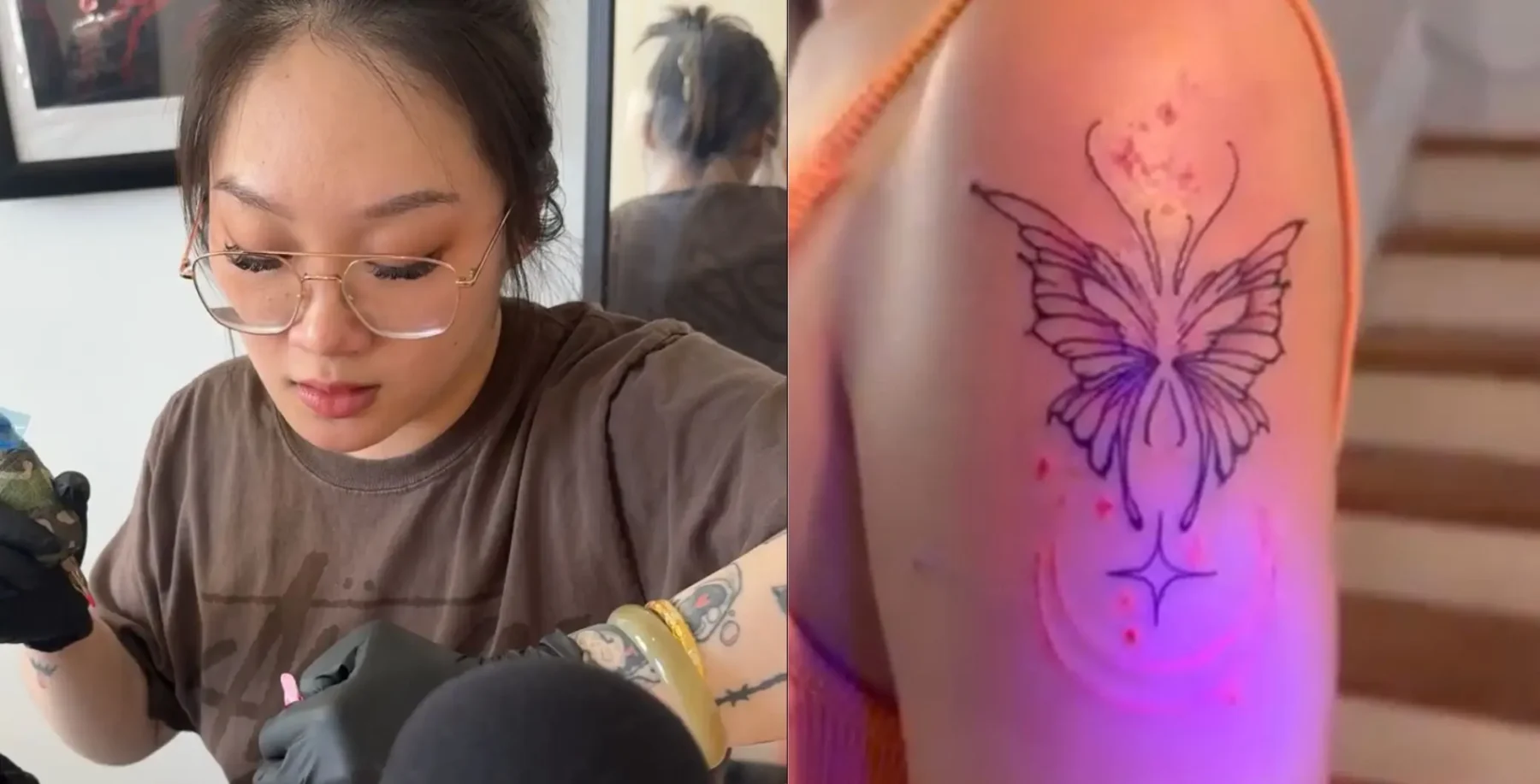 A young woman getting a butterfly tattoo inked on her arm, with vibrant purple and pink ink, in a tattoo studio setting.