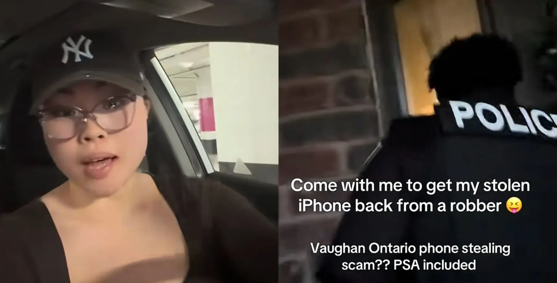 Toronto woman tracks sister's stolen iPhone to Vaughan home after mall theft, showing a woman in a car and a police message about retrieving a stolen phone.