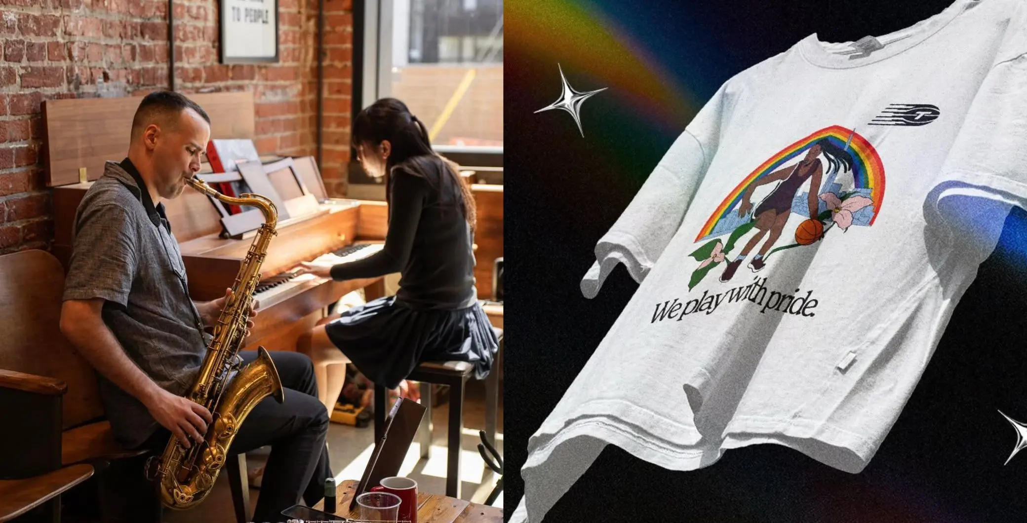 A man playing saxophone and a woman playing piano in a cozy indoor setting, with a T-shirt featuring a rainbow and a bear in the background, representing Toronto's vibrant arts scene.