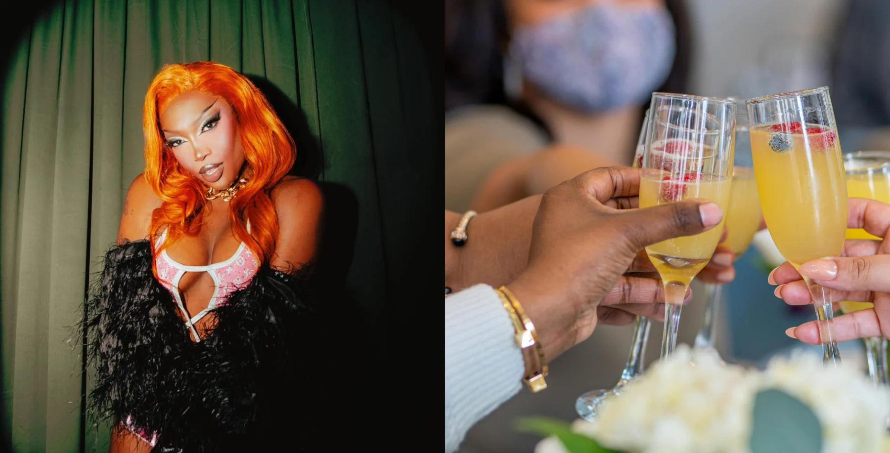 A vibrant image featuring a woman with bright orange hair and glamorous makeup on the left, and a close-up of hands clinking champagne glasses on the right, celebrating at a social event.