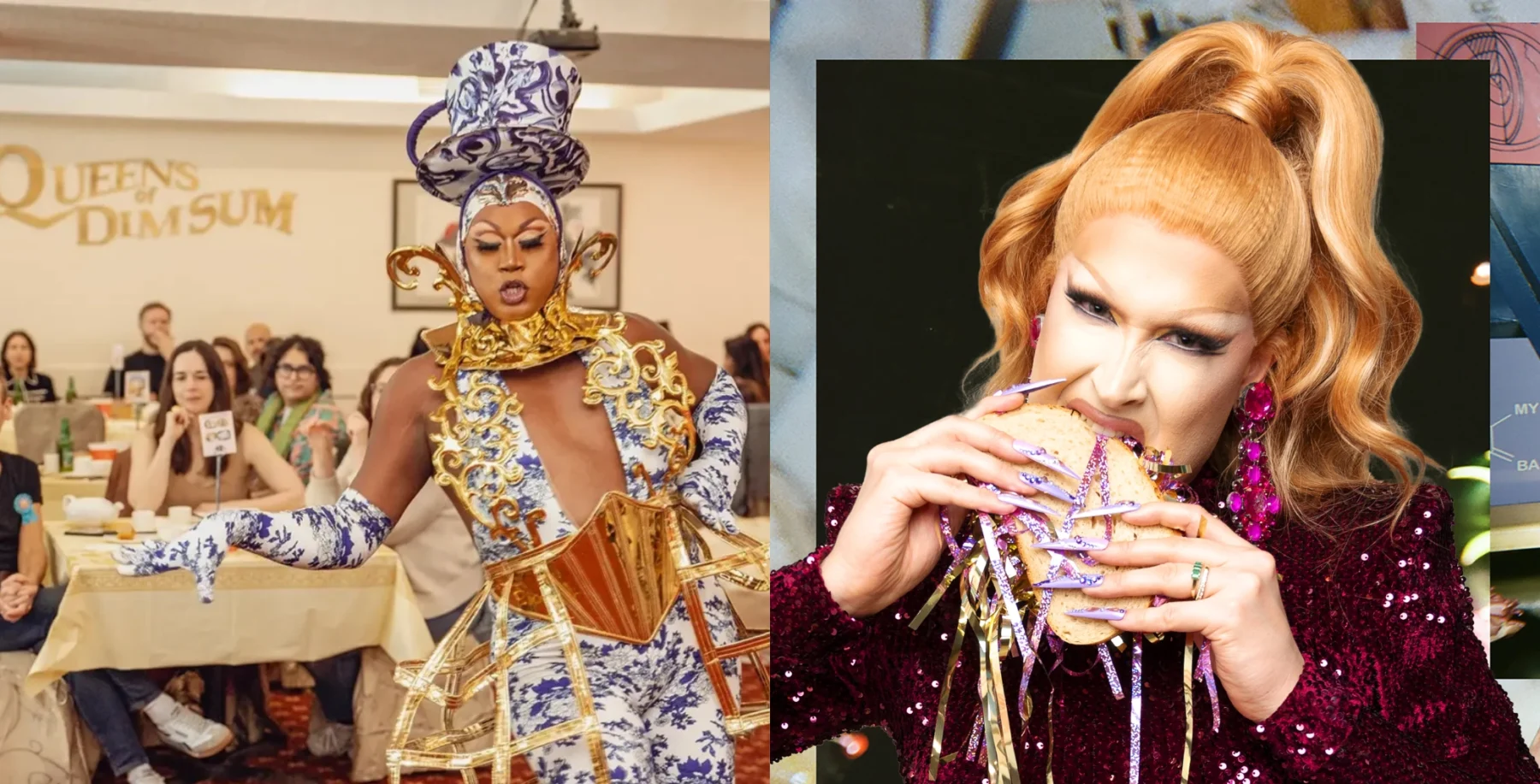 Elegant drag queen in elaborate costume performing on stage at Queen of Dimsum event, Toronto, with audience in background.