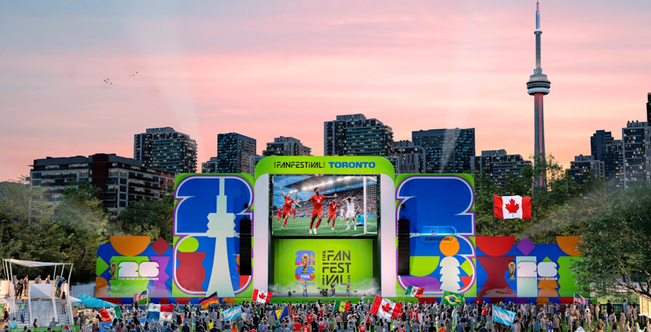 A vibrant outdoor stage at FanFest Toronto with large colorful letters spelling "FAN" and "TORONTO," featuring a big screen displaying a sports event, surrounded by a crowd, city skyline, and Toronto.
