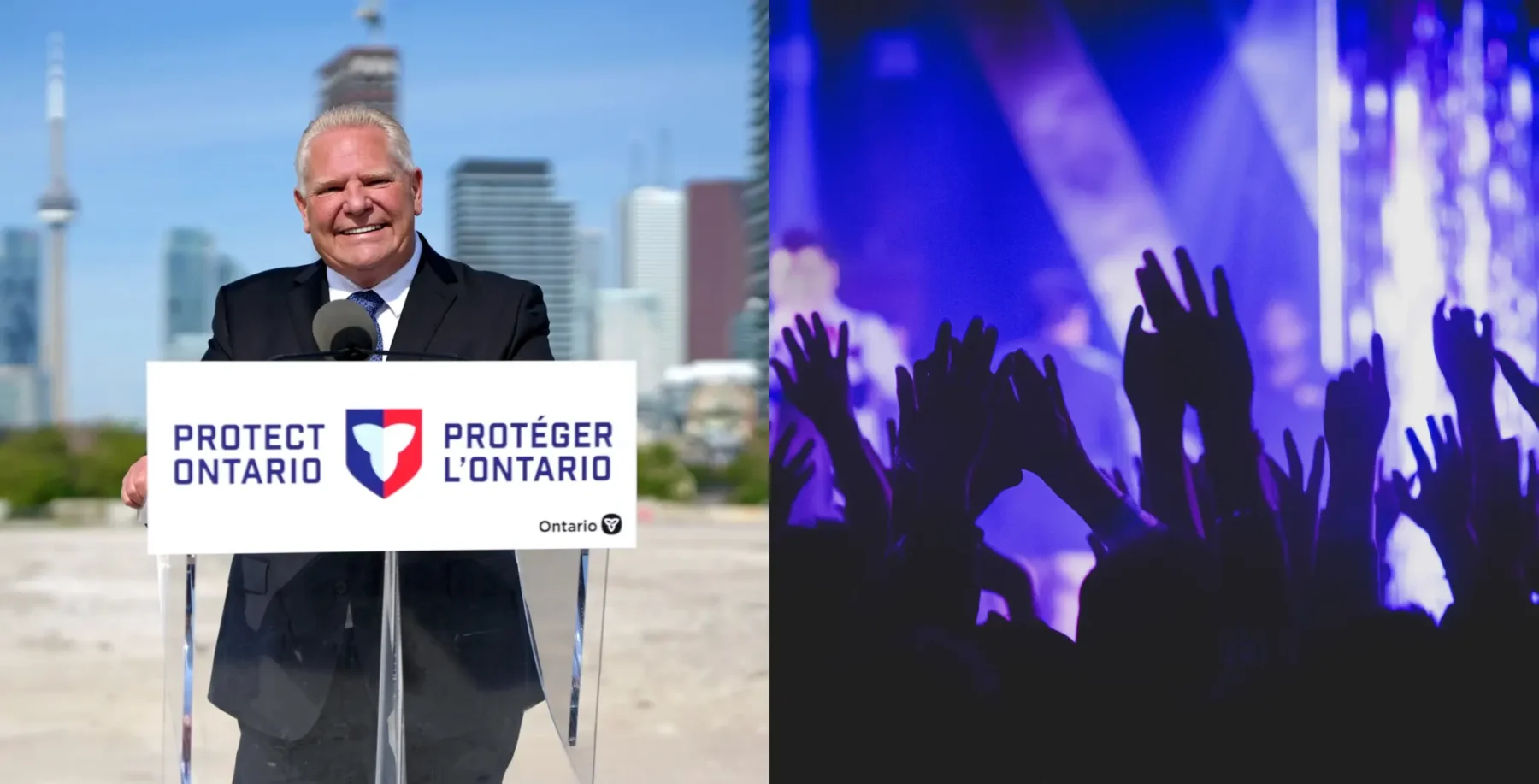 Protect Ontario campaign speaker at outdoor event with city skyline in background, and concert crowd with raised hands at night, vibrant purple lighting, and energetic atmosphere.
