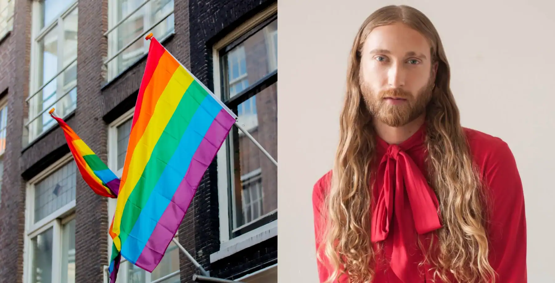 Rainbow pride flags hanging outside a building with a person with long hair and a red shirt in front of a cityscape, celebrating LGBTQ+ pride and diversity in Toronto.