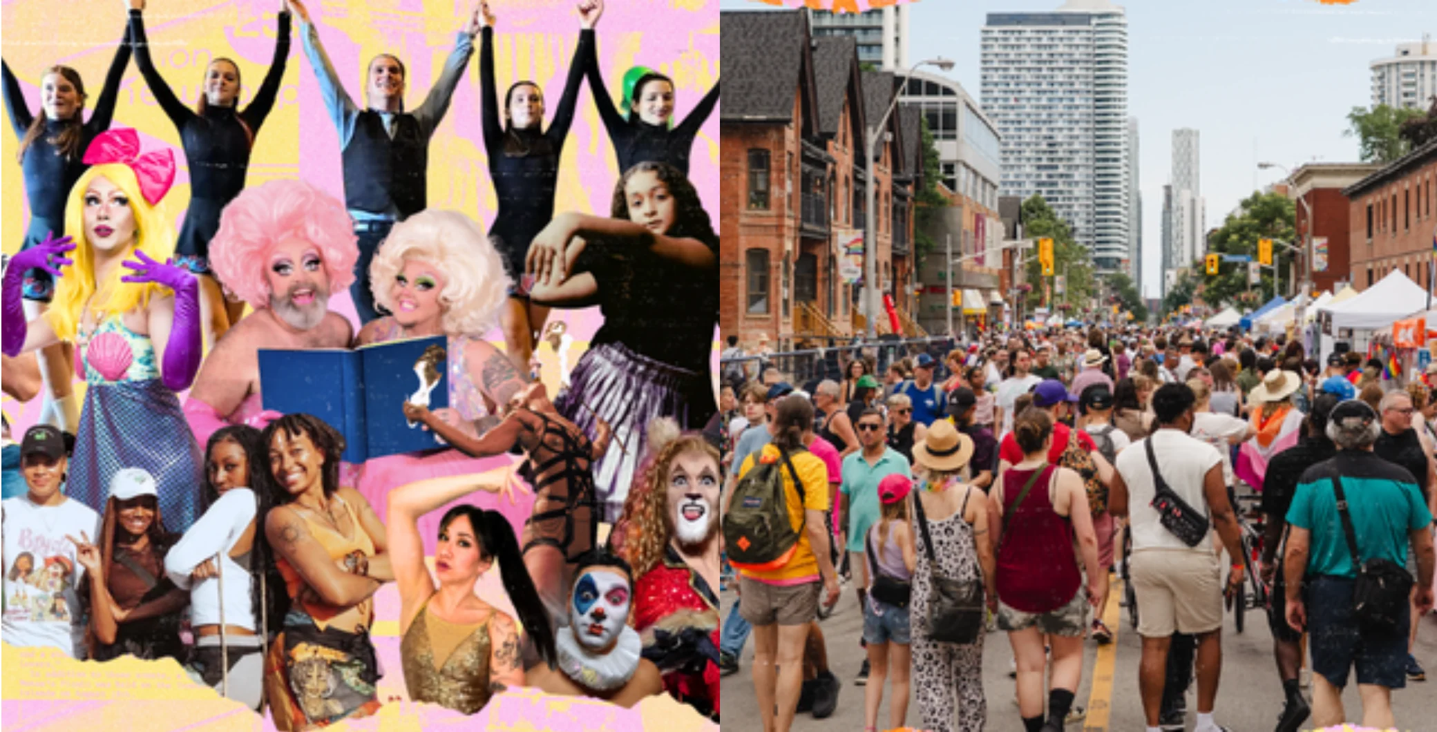 Crowd of people at a street festival in Toronto with performers in colorful costumes and city skyline in the background.