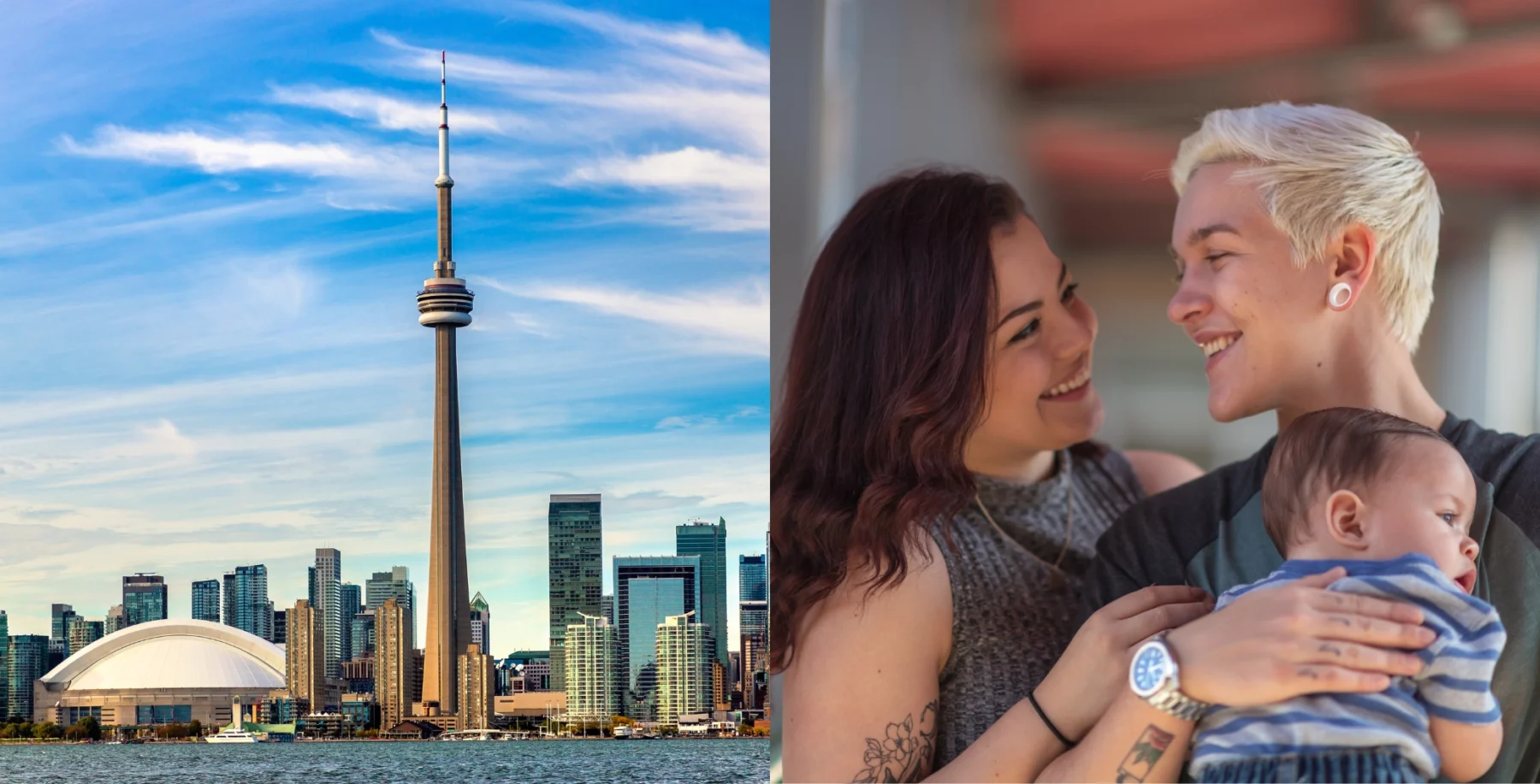 A vibrant Toronto skyline featuring the CN Tower alongside a happy family enjoying quality time together indoors.