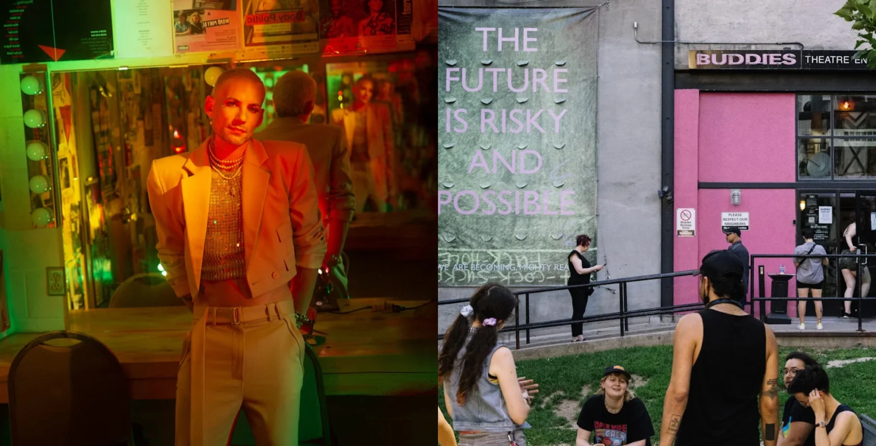 A young woman in a beige suit standing outside a vibrant, colorful venue with a neon-lit background, and a group of people sitting on the grass near a mural that reads "The future is risky and possibl.