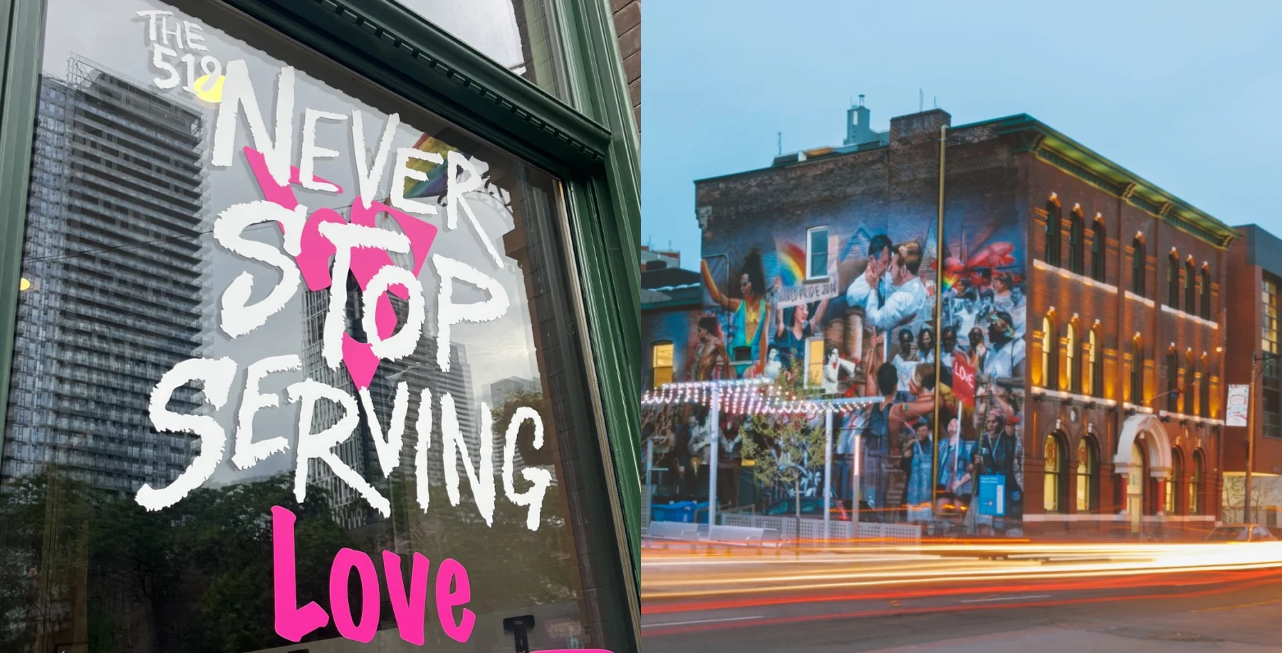 Colorful mural on Toronto building celebrating love and community, part of The 519's 50th anniversary, highlighting LGBTQ+ pride and activism.