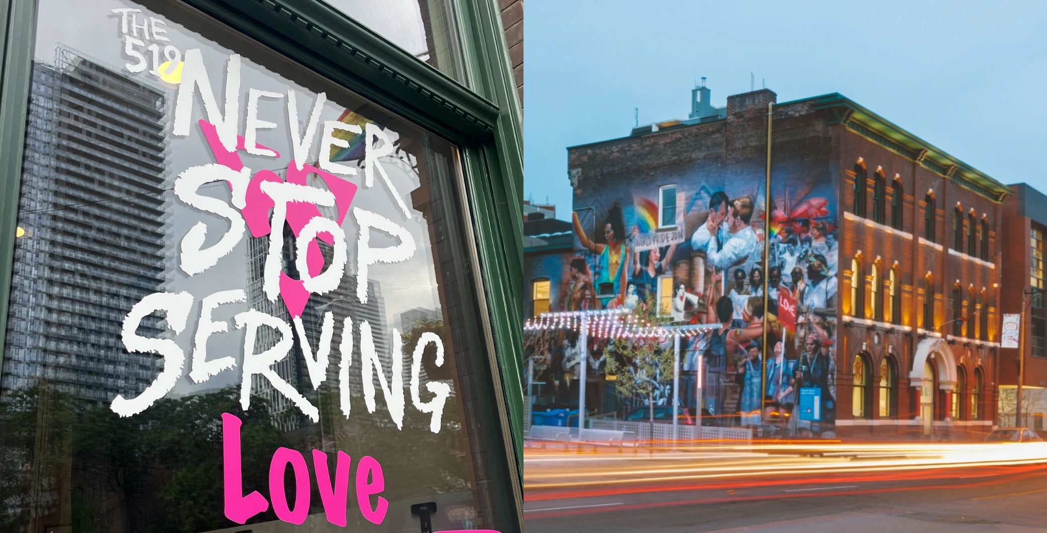 Colorful mural on Toronto building celebrating love and community, part of The 519's 50th anniversary, highlighting LGBTQ+ pride and activism.