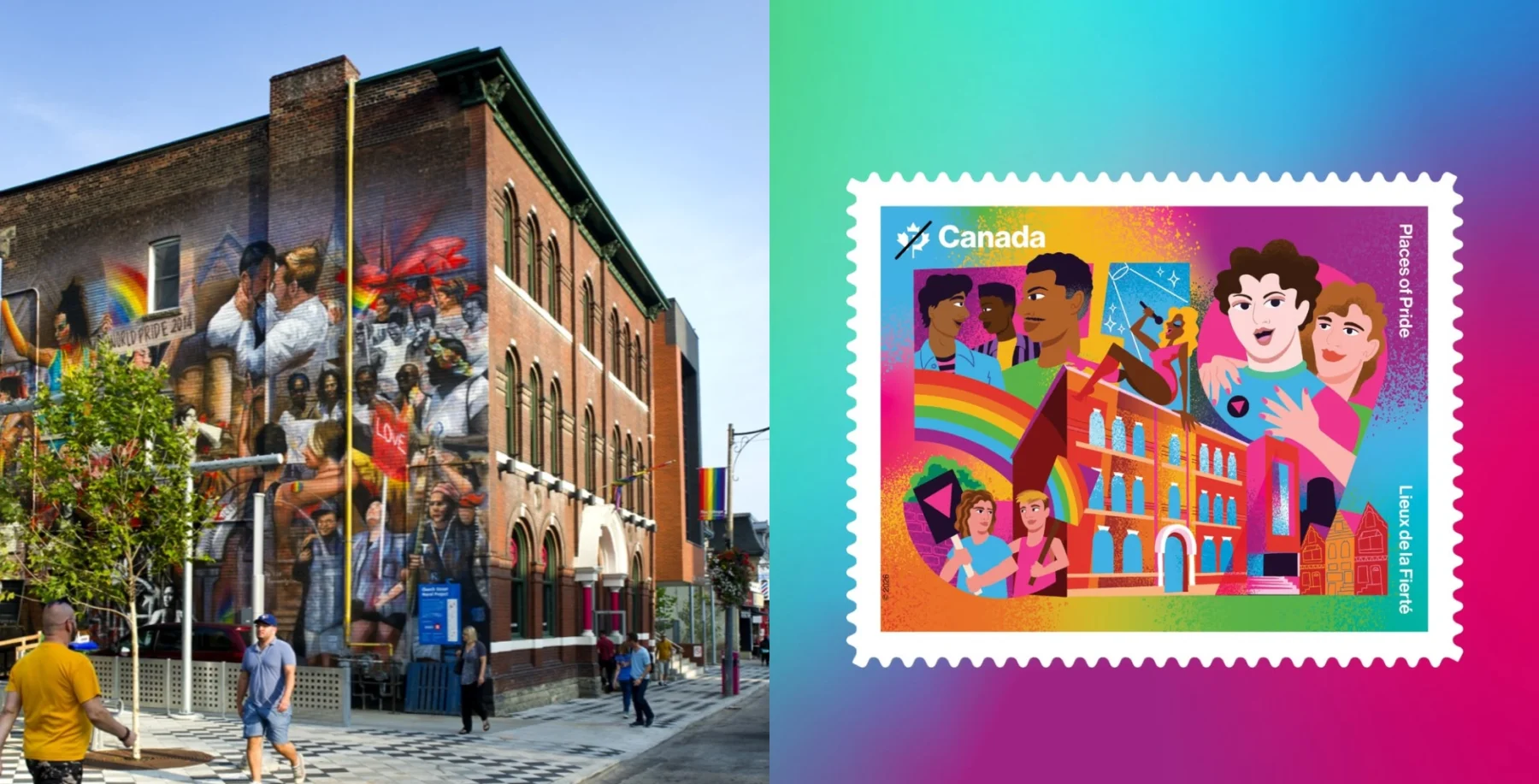 A vibrant mural depicting diverse people celebrating LGBTQ+ pride on the side of a brick building in Toronto, with a colorful Canadian pride postage stamp featuring rainbow-themed illustrations.
