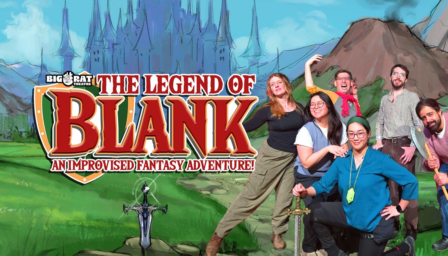 Group of six people dressed as fantasy characters in front of a colorful backdrop for 'The Legend of Blank' improv fantasy adventure show.