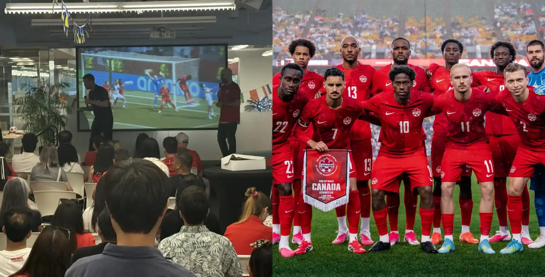A soccer team in red uniforms poses for a group photo on the field, with a crowd and stadium background, highlighting sports, team spirit, and Canadian soccer.