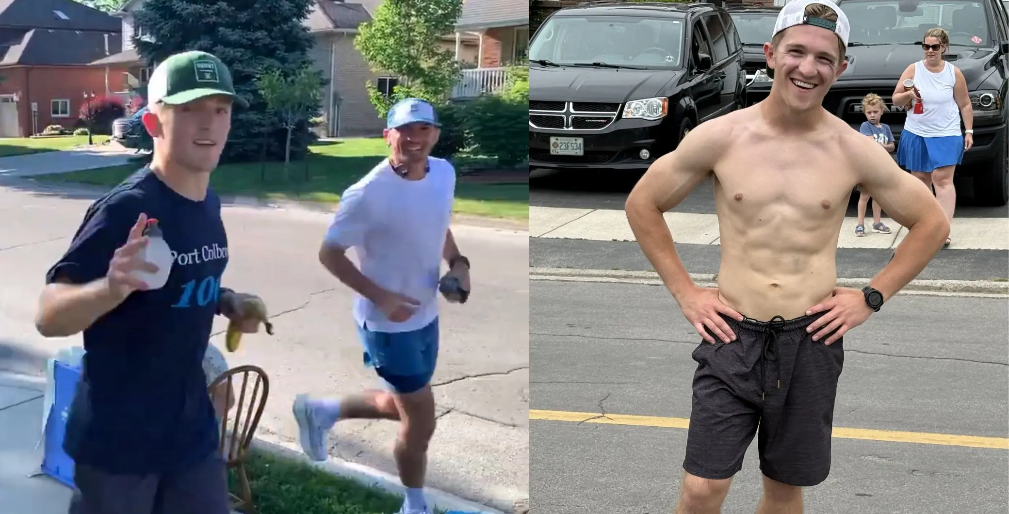 Two young men running outdoors on a sunny day, one wearing a black t-shirt and the other in a white t-shirt, with a woman in the background near parked cars.