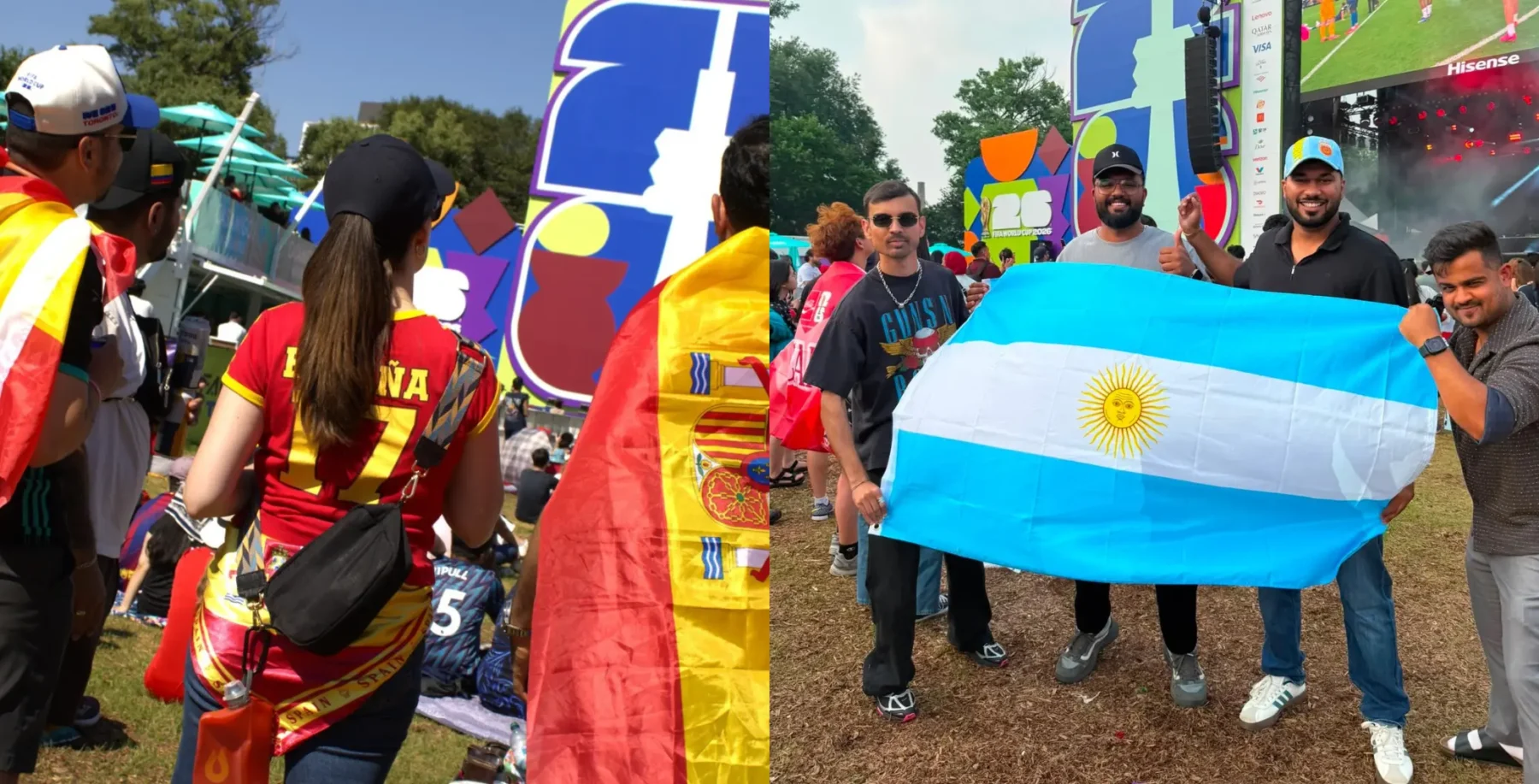 Fans celebrating at a World Cup event in Toronto, holding flags of Argentina and Spain, with vibrant banners and a lively crowd.