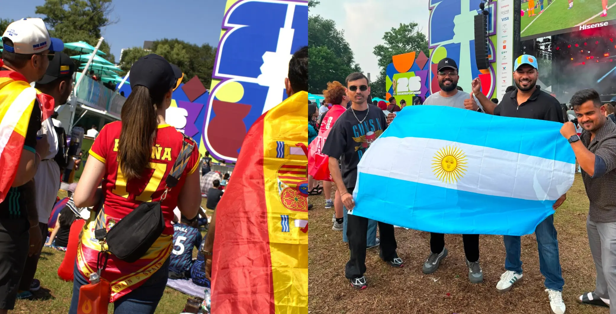 Fans celebrating at a World Cup event in Toronto, holding flags of Argentina and Spain, with vibrant banners and a lively crowd.
