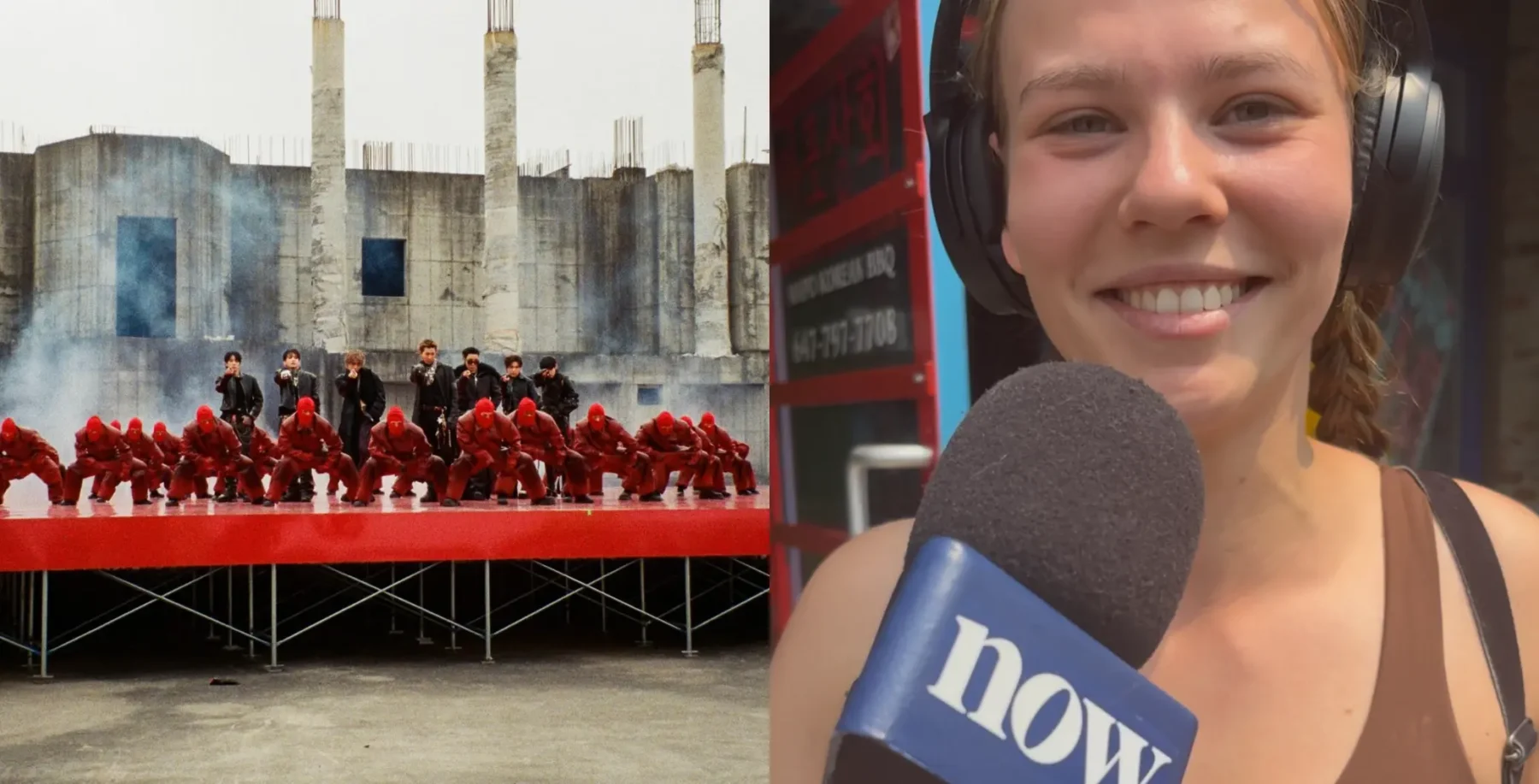 Young woman smiling during an interview with a now Toronto microphone, with a stage and performers in the background.
