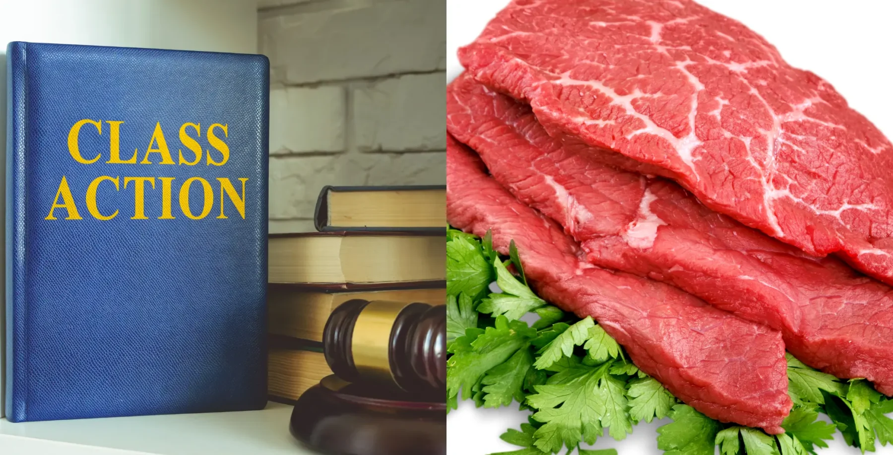 Legal documents and fresh beef steaks on a table, highlighting a class-action settlement related to beef purchases in Canada.