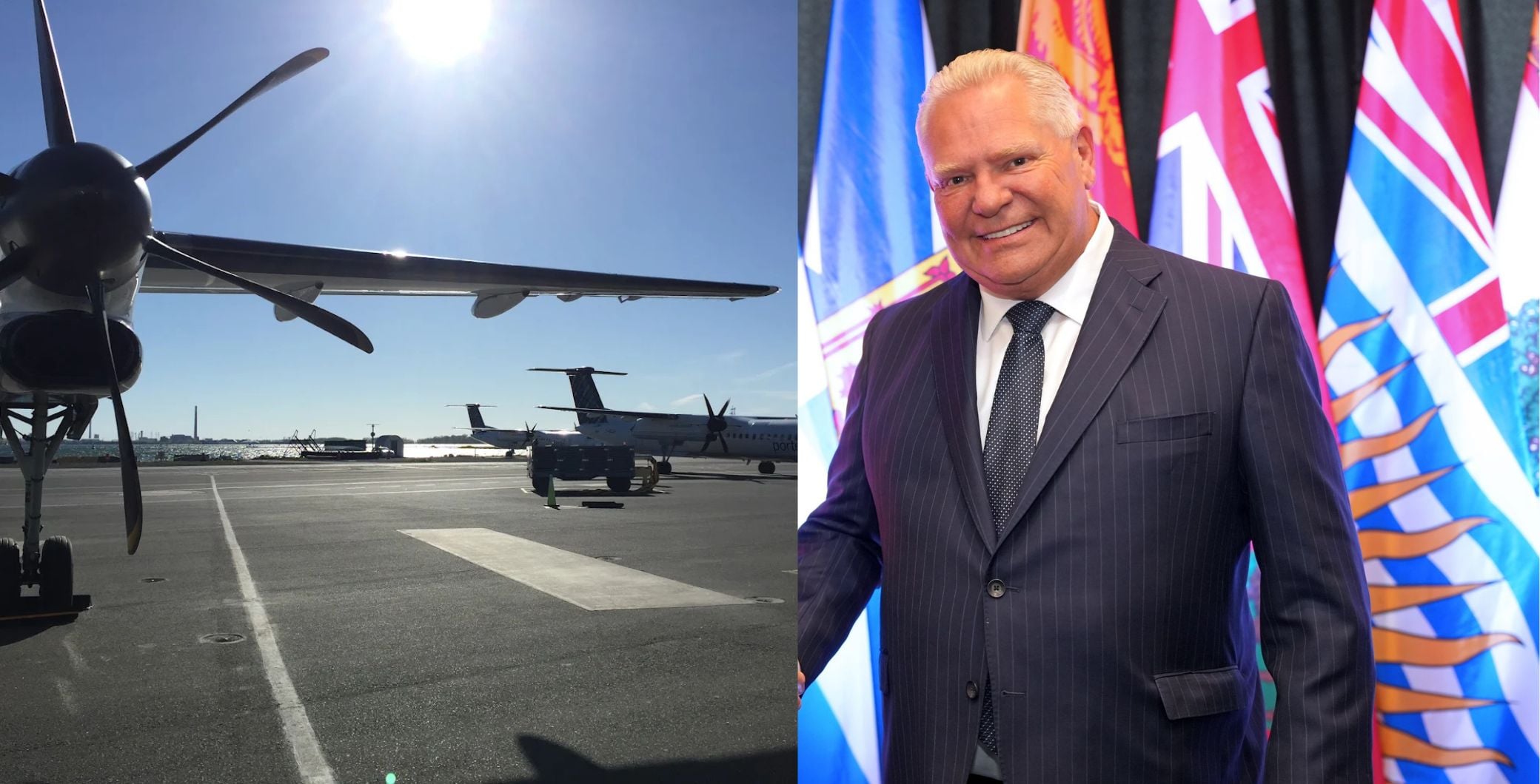 Toronto airport tarmac with military aircraft and a smiling man in a suit at a political event with flags in the background.