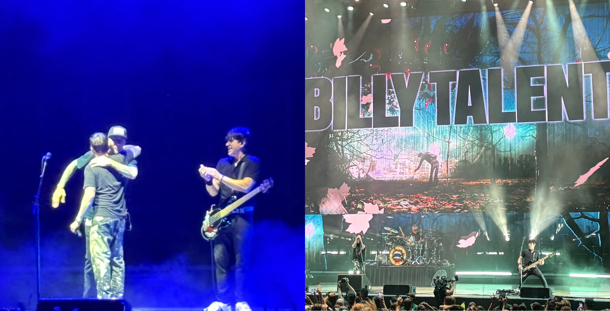 Billy Talent frontman Ben Kowalewicz embraces original drummer Aaron Solowoniuk as bassist Jon Gallant applauds during the band's emotional hometown concert at Toronto's RBC Amphitheatre, celebrating the 20th anniversary of Billy Talent II. (Courtesy: Karen Bliss)