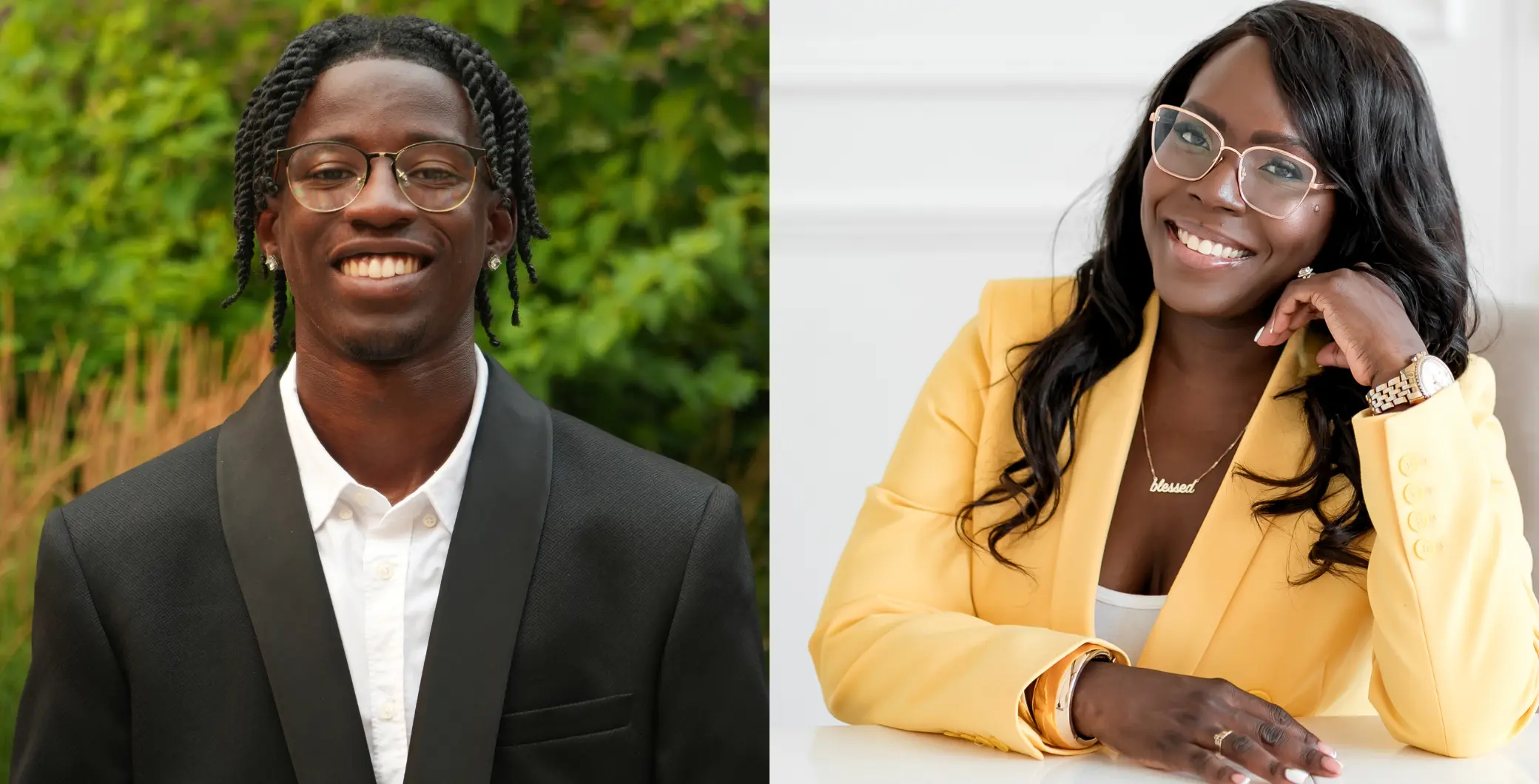 Two Black professionals, a man and a woman, smiling confidently in professional settings, highlighting diversity in medicine and representation in Canada.