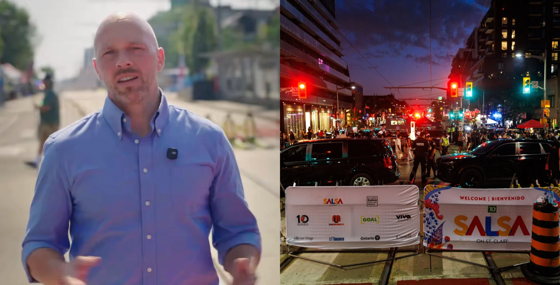 A man in a blue shirt speaking outdoors with a city street scene and Salsa shooting aftermath in the background at night.