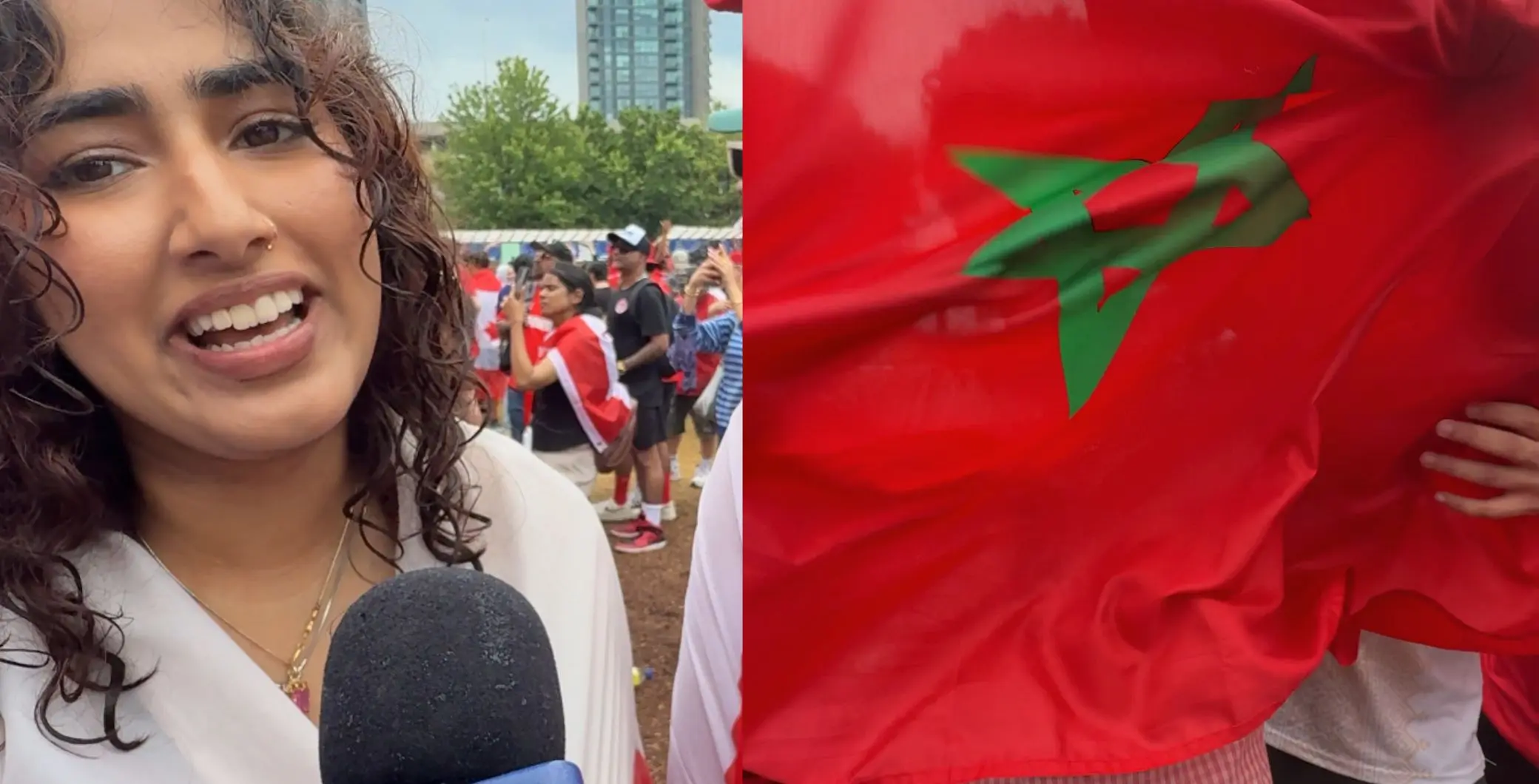 Moroccan fans in Toronto celebrating after a win, with a woman giving an interview and a Moroccan flag in the background.