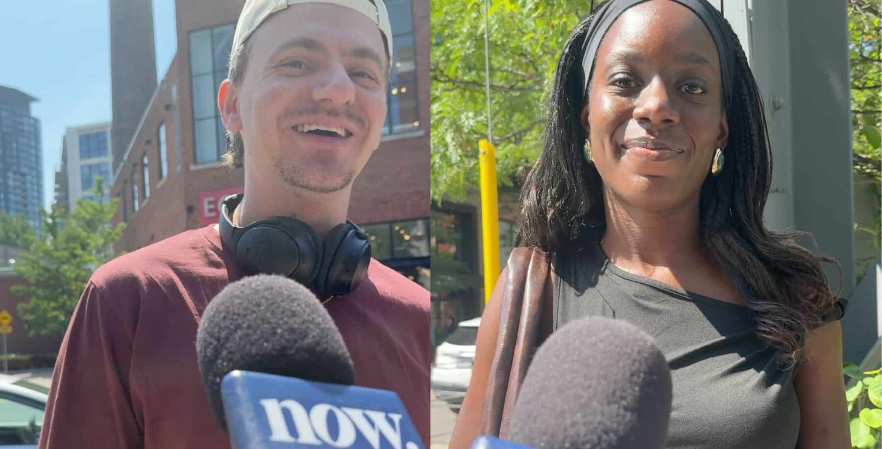 Two Toronto daters share their funny and worst catfishing stories, with one man and one woman speaking to the media outdoors.