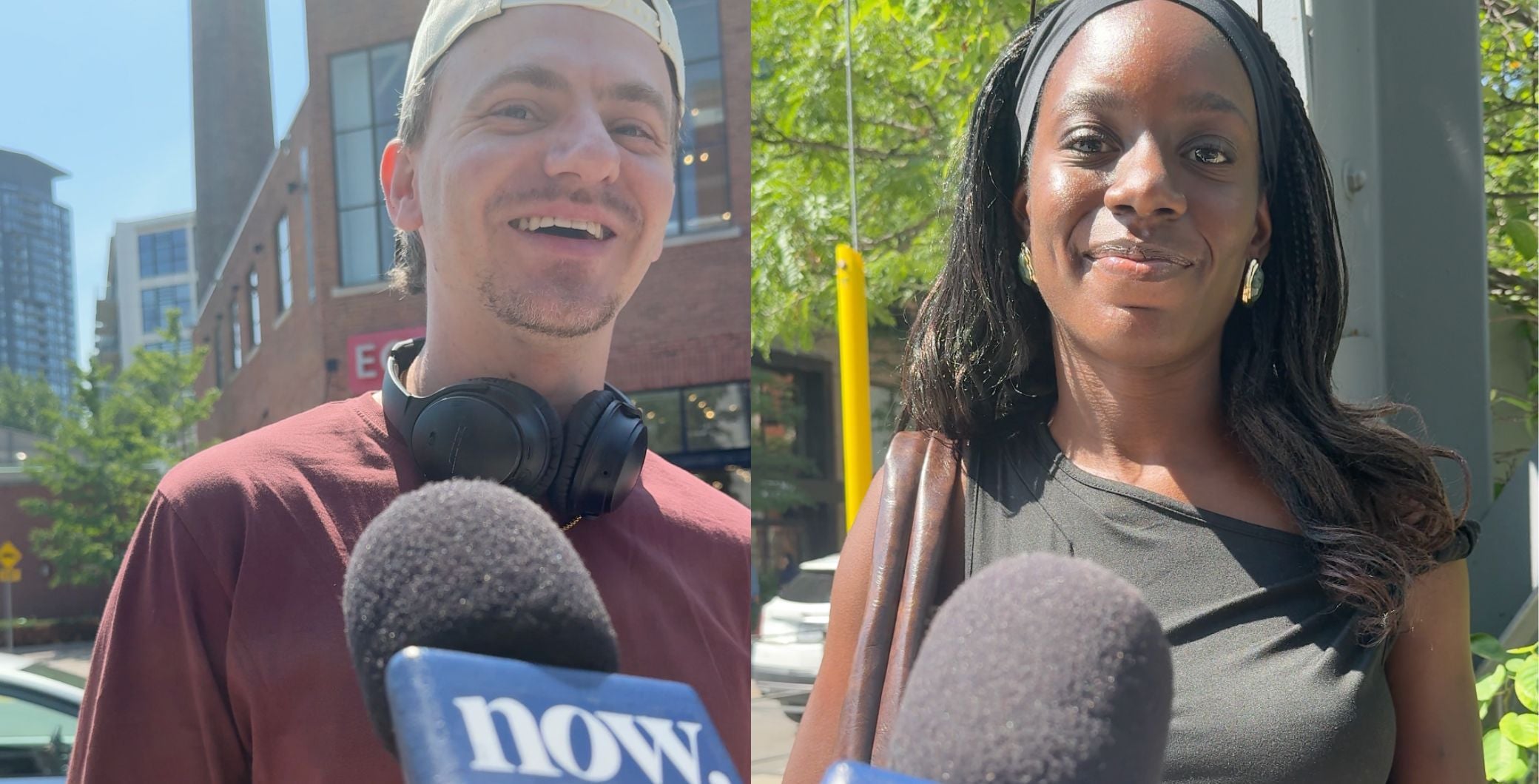 Two Toronto daters share their funny and worst catfishing stories, with one man and one woman speaking to the media outdoors.