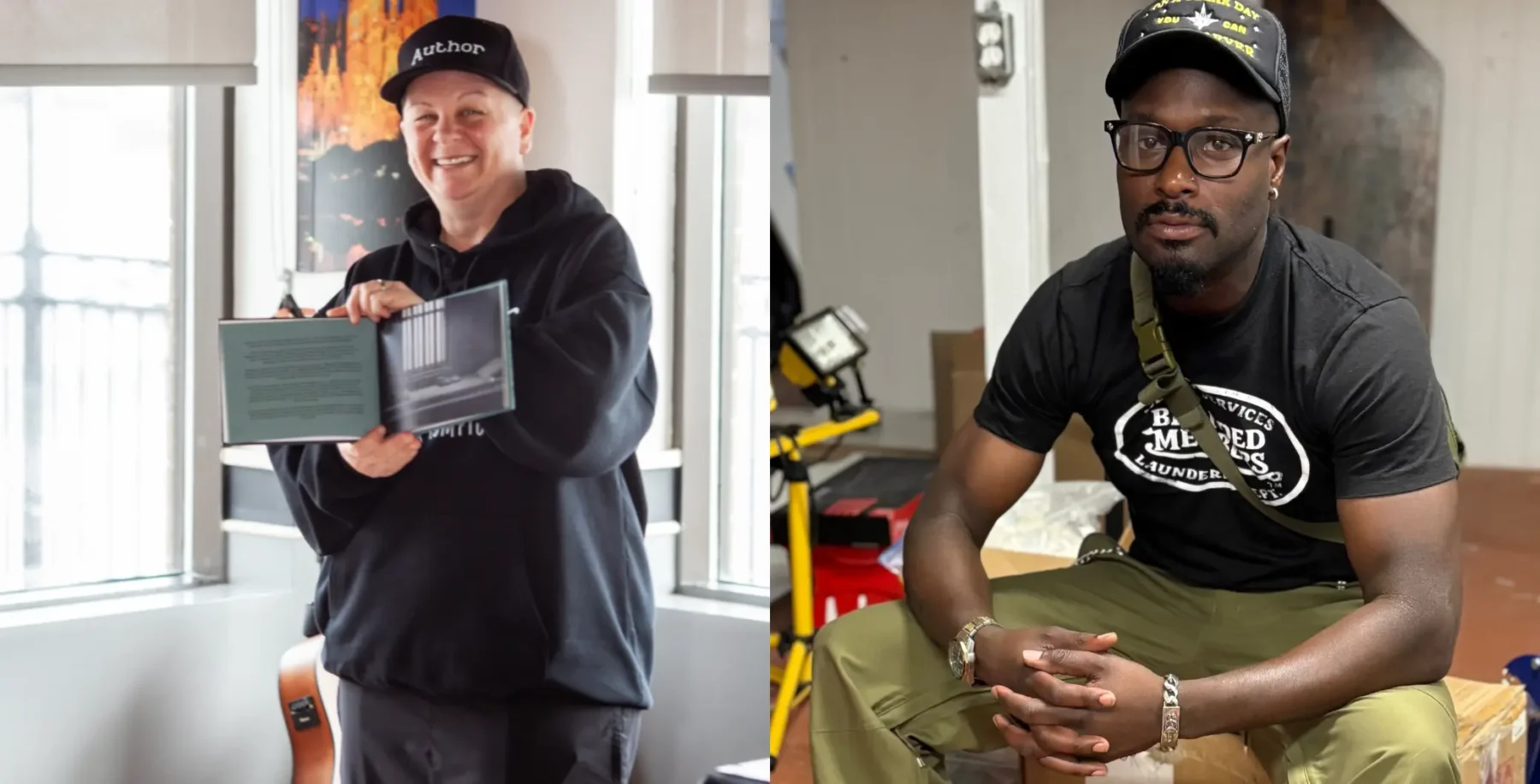 Two entrepreneurs, one smiling and holding a tablet, the other seated with glasses, in a professional setting promoting opportunities for formerly incarcerated individuals.