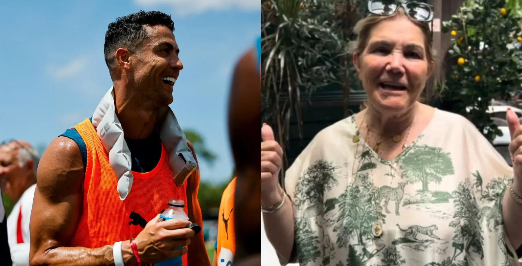 Cristiano Ronaldo smiling during a sports event and a woman gesturing with her hands in an outdoor setting, capturing moments of celebration and emotion.