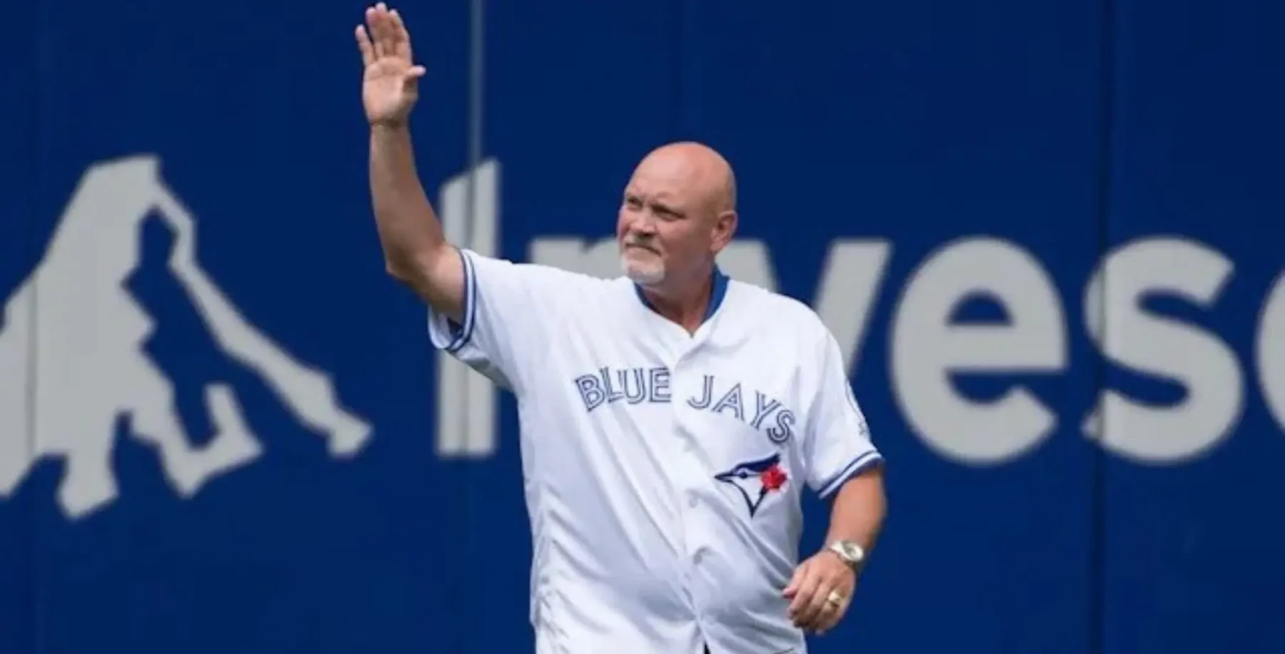 Duane Ward, former Toronto Blue Jays pitcher, waves to the crowd during a tribute event at Rogers Centre in Toronto.