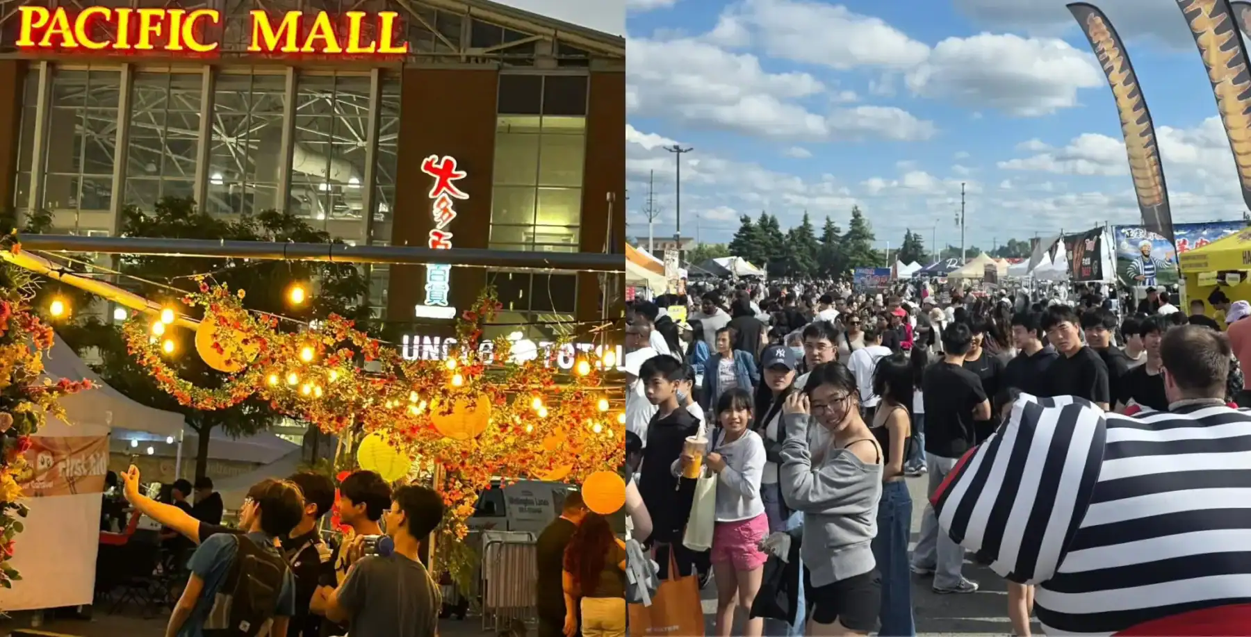 Crowd at Pacific Mall during the dumpling festival with festive decorations and food stalls on a sunny day.