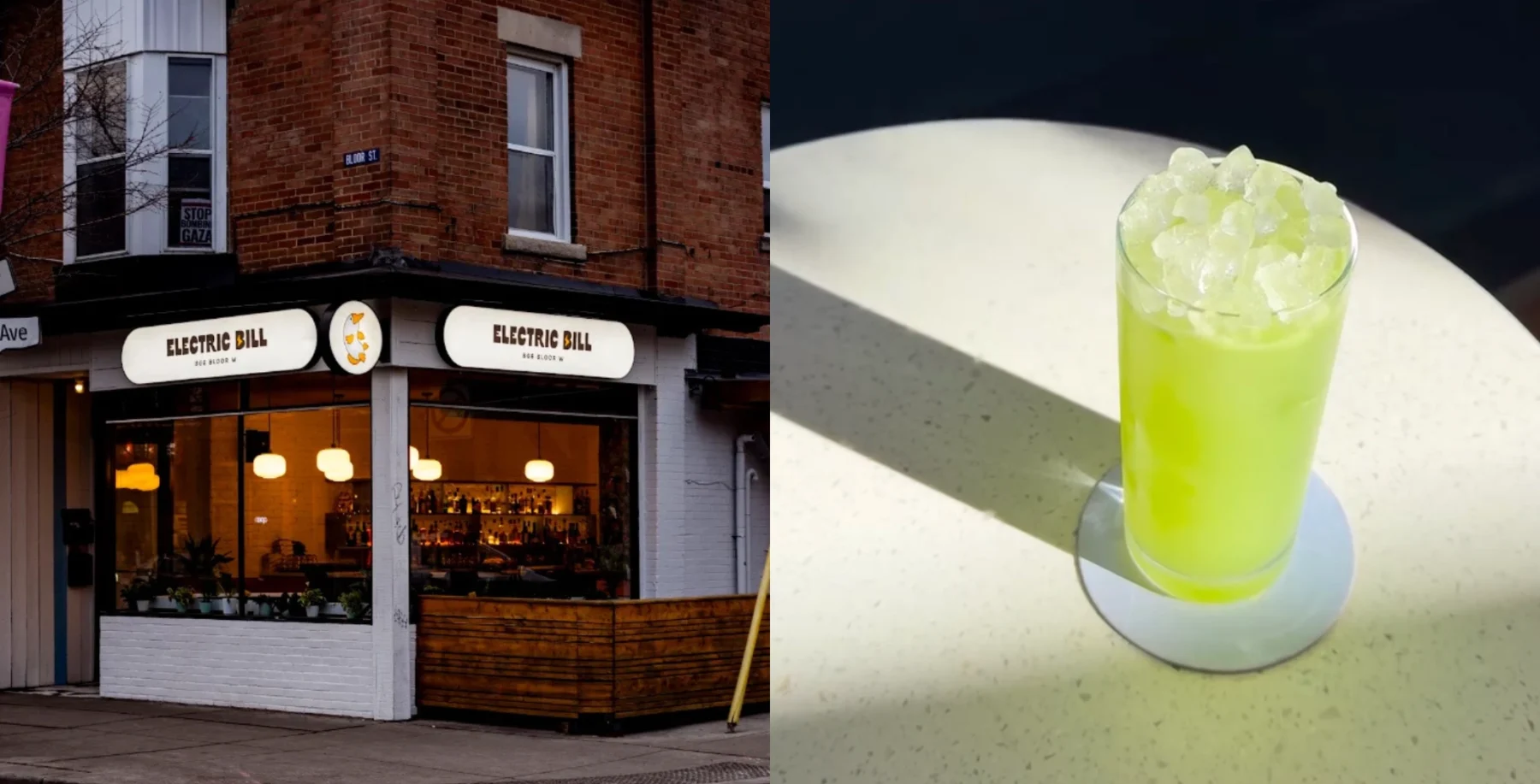 Exterior view of Electric Bill cafe in Toronto with warm lighting and a green cocktail with ice on a white surface.