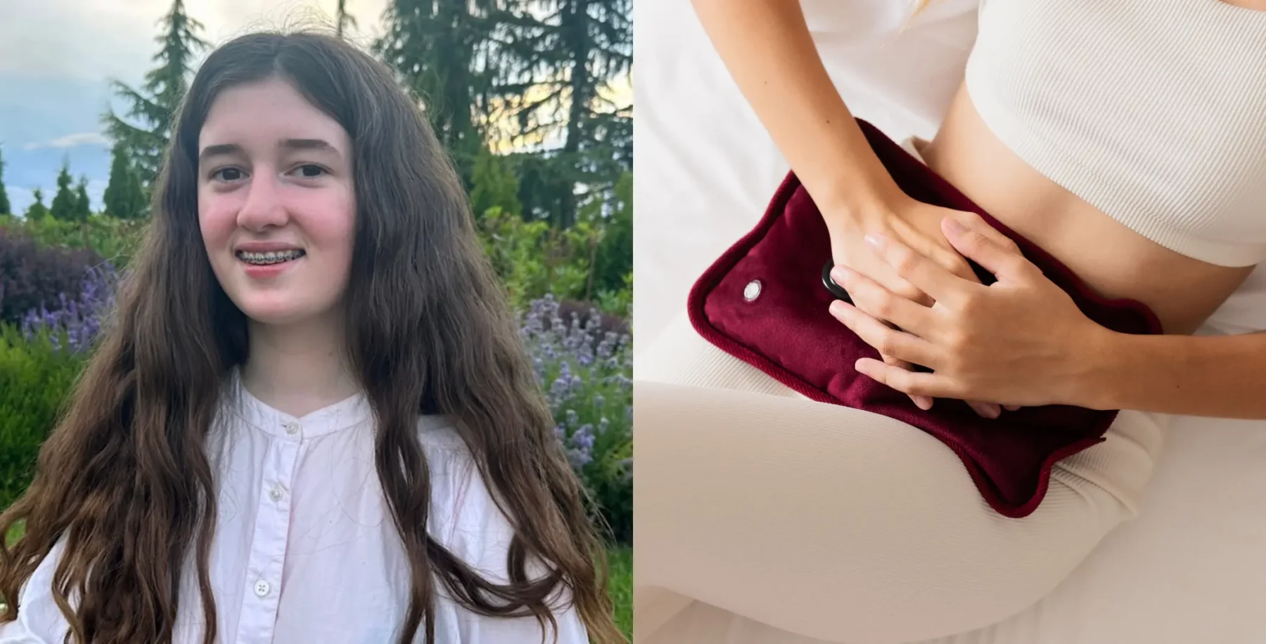 Young girl with long brown hair smiling outdoors next to a person holding a heating pad on her abdomen for menstrual pain relief.