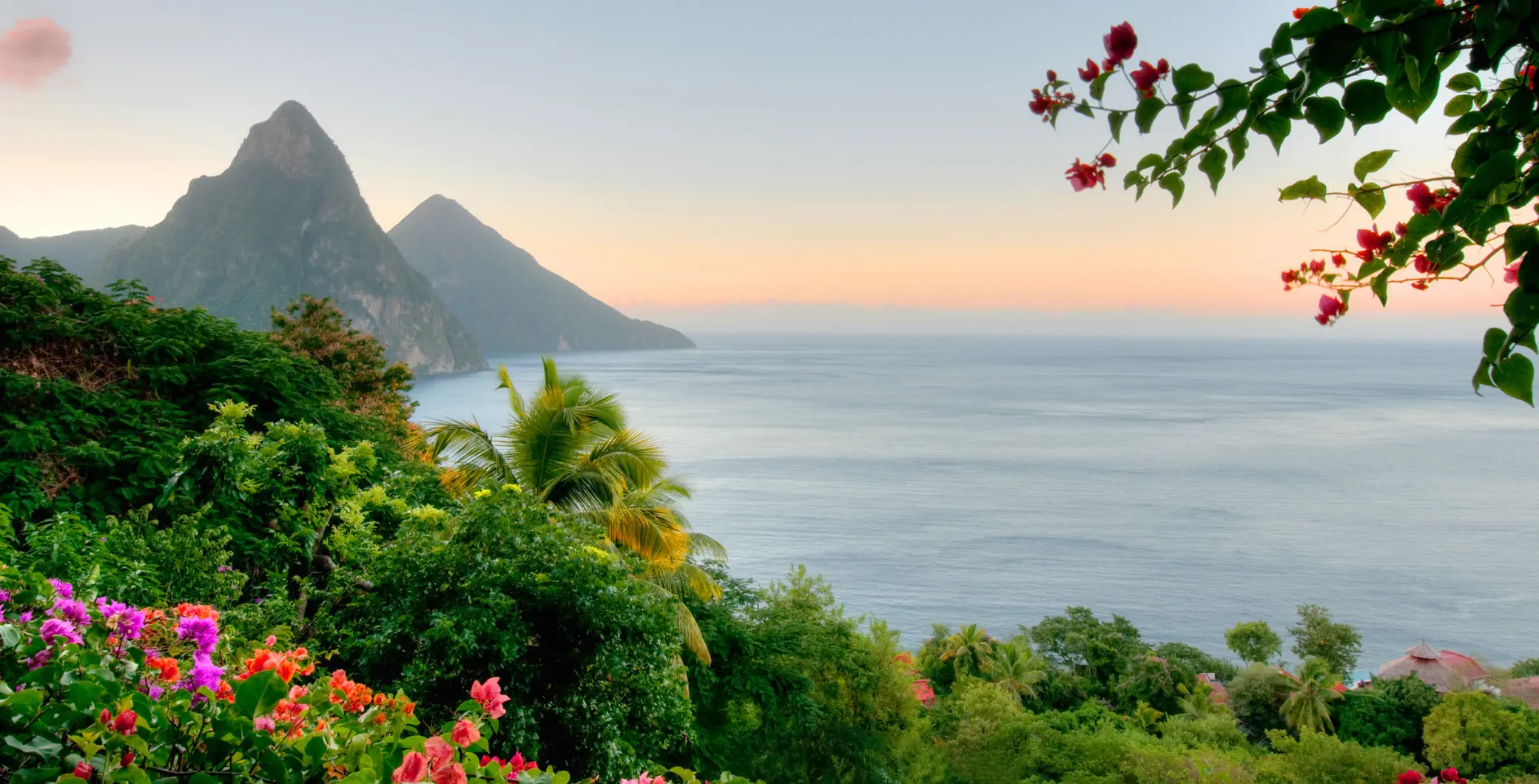 Tropical island landscape with lush greenery, colorful flowers, and a view of the ocean at sunset, perfect for island getaway travel content.