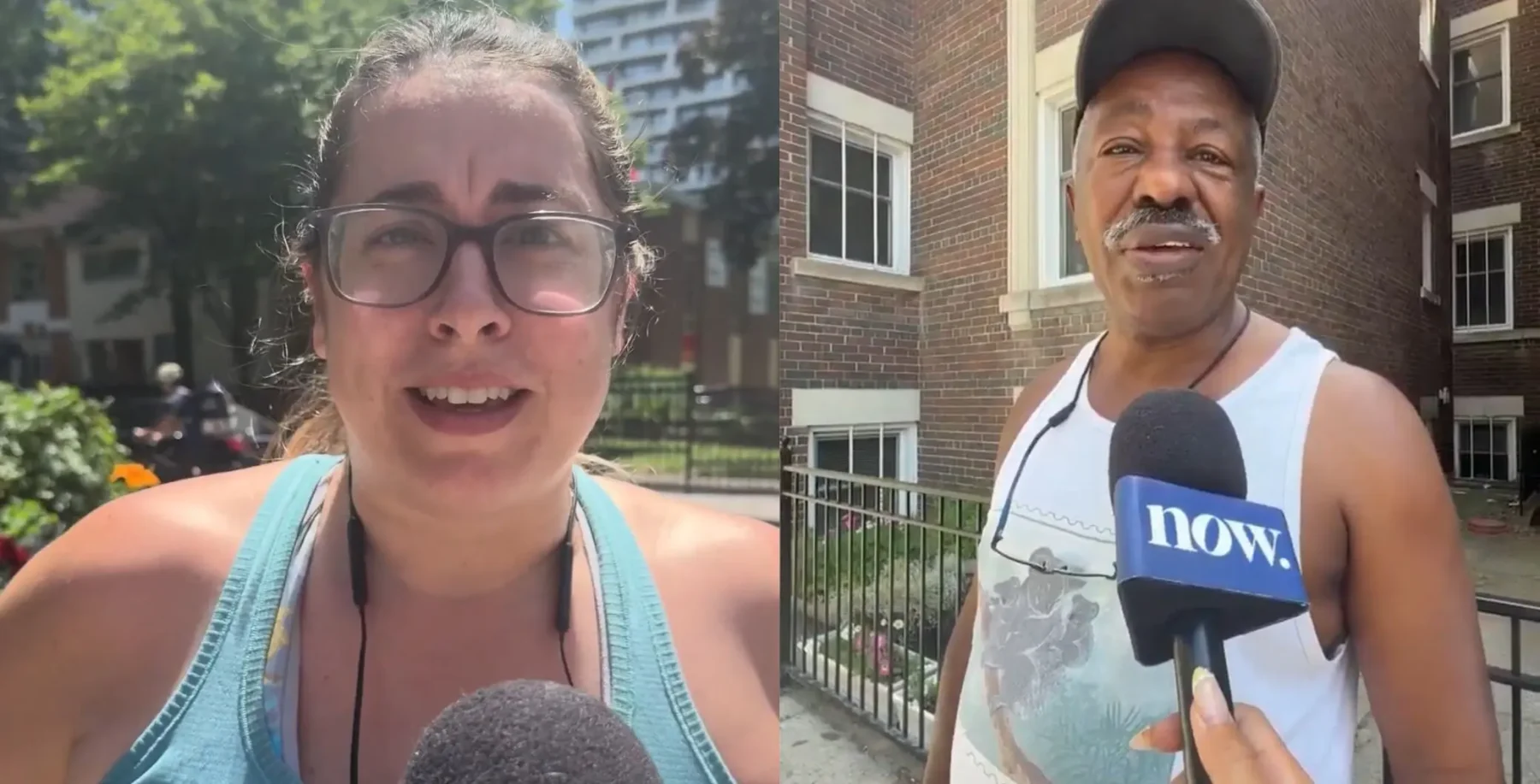 Two individuals being interviewed outdoors in an urban setting, one woman with glasses and a man in a tank top, both speaking into microphones during a sunny day.