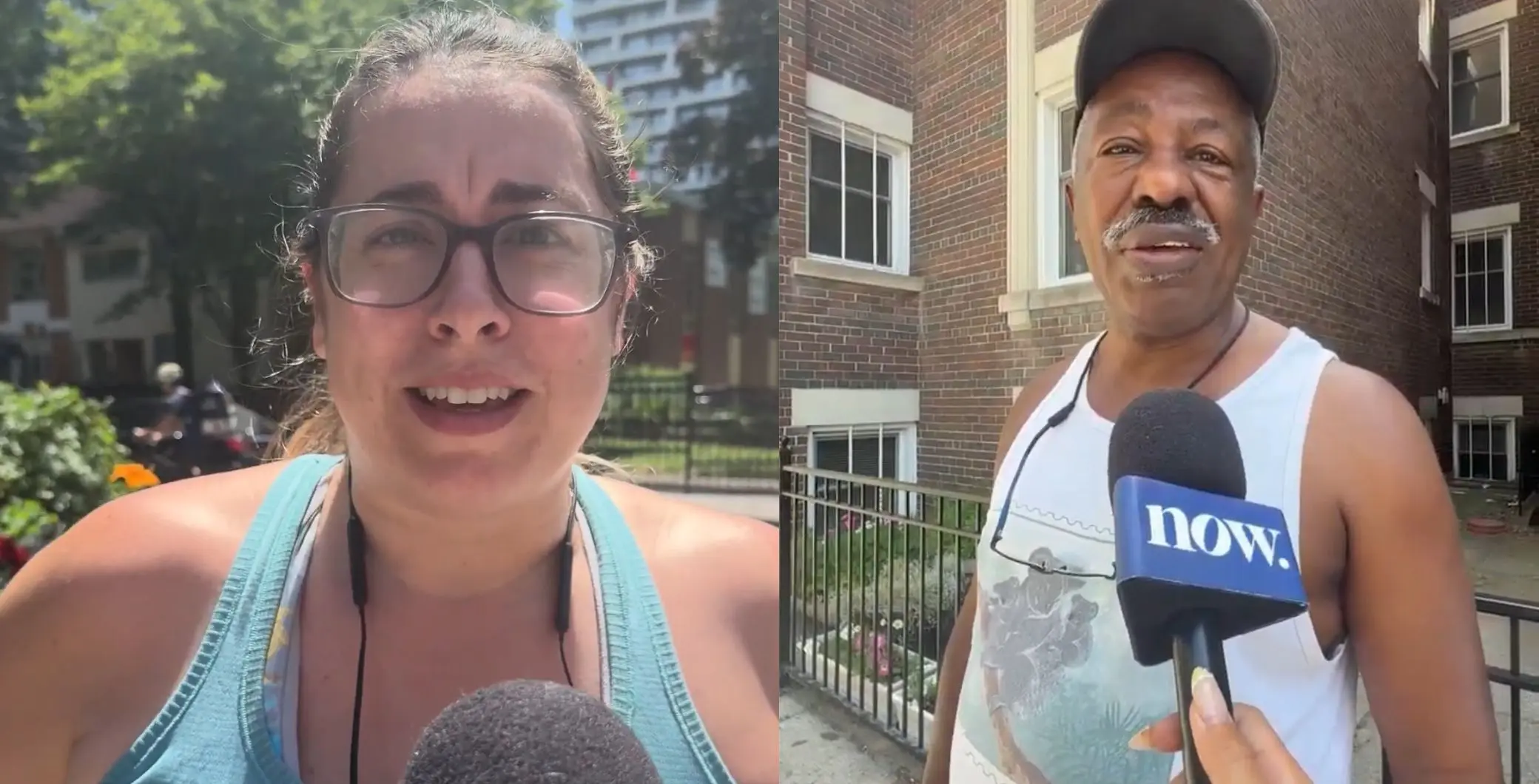 Two individuals being interviewed outdoors in an urban setting, one woman with glasses and a man in a tank top, both speaking into microphones during a sunny day.