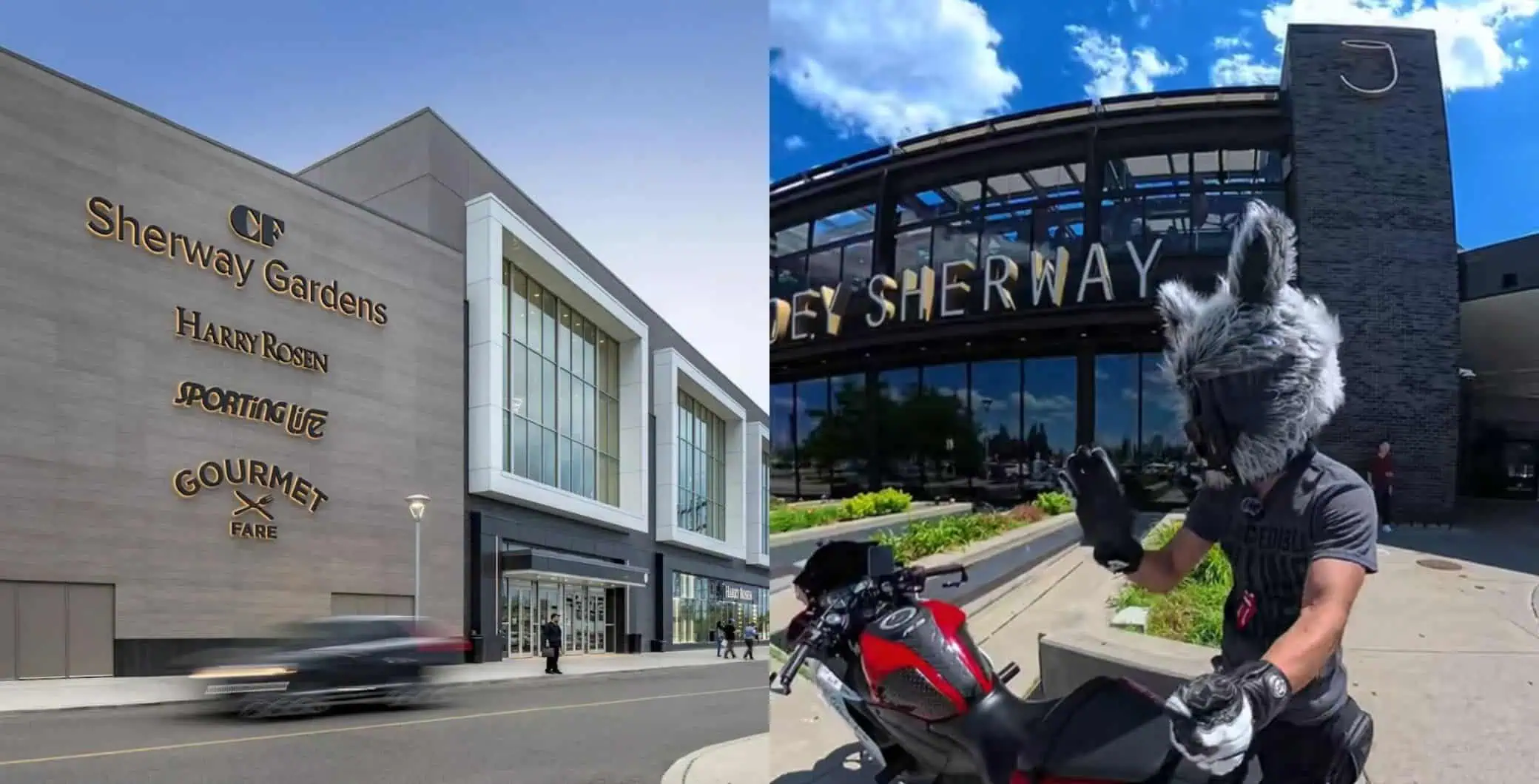 Toronto Sherway Gardens shopping mall with mascot in costume and a motorcycle outside on a sunny day.