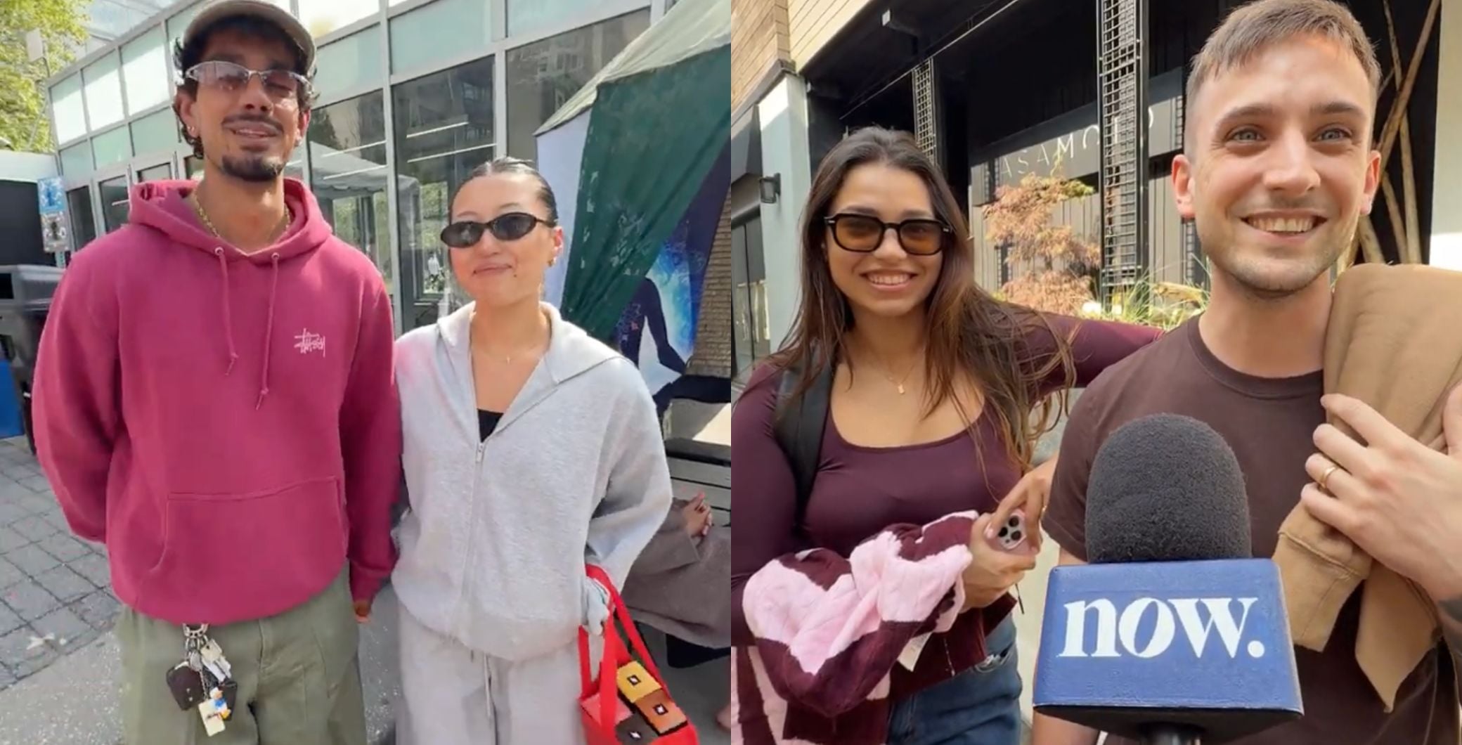 Four diverse young adults smiling outdoors, with one holding a microphone labeled 'now', in a lively urban setting.