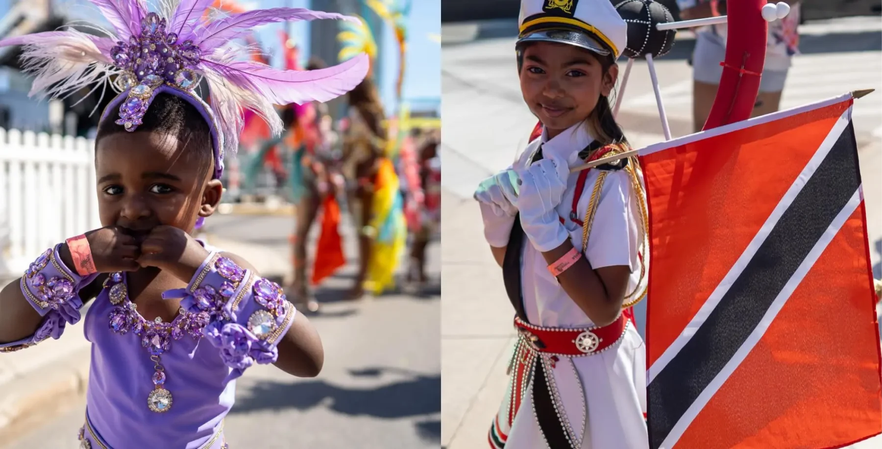 Young Carnival performers in vibrant costumes celebrating at Scarborough parade during Toronto's Carnival event.
