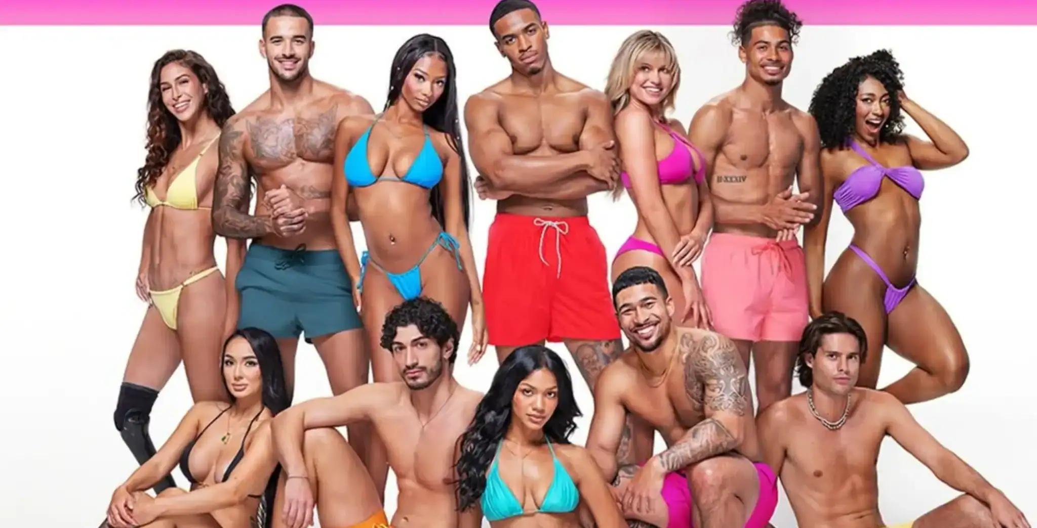 Cast of Love Island USA season 8 in colorful swimwear, smiling and posing against a pink background for Toronto watch parties.