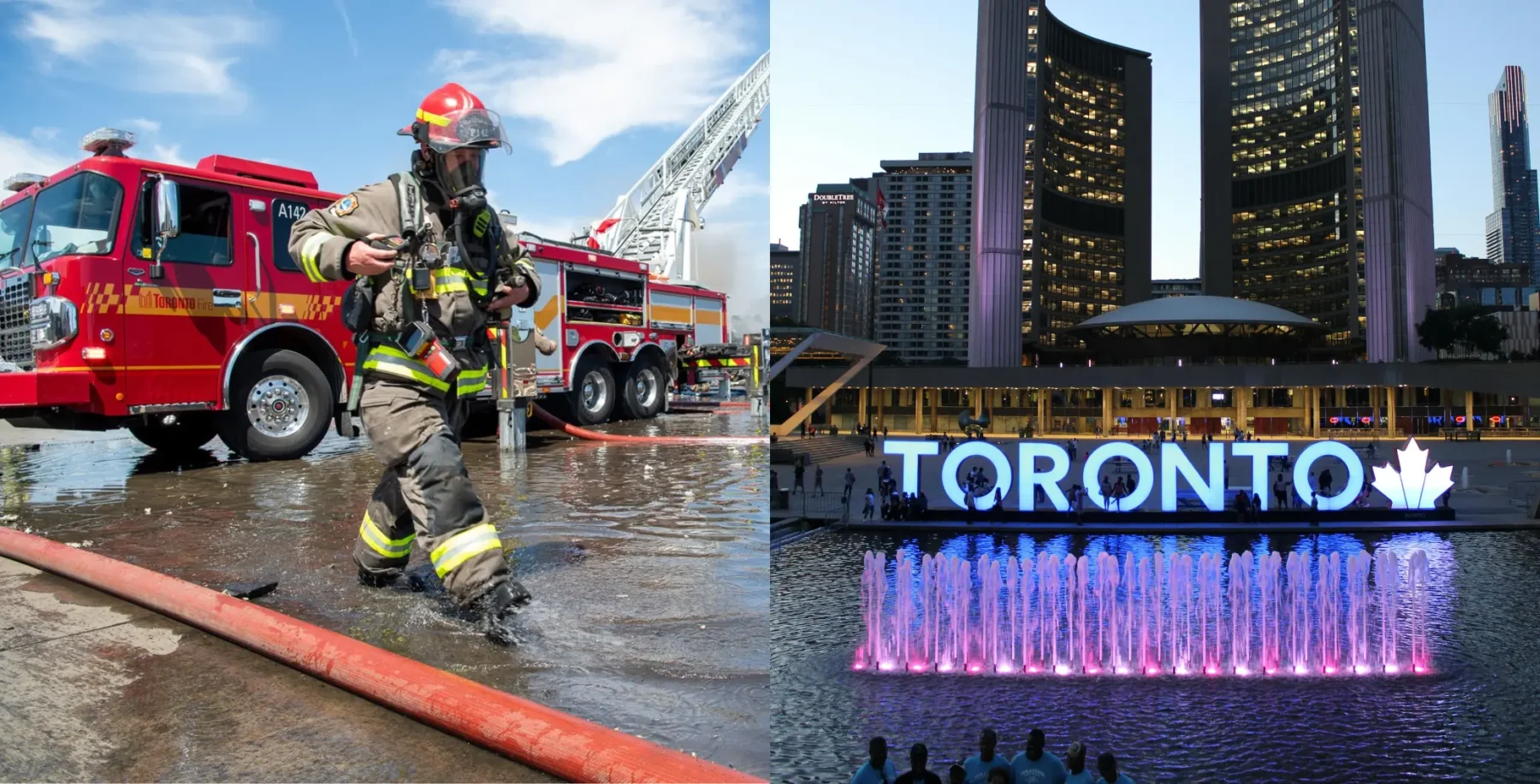 Firefighter in protective gear spraying water at a fire truck near Toronto's city skyline and illuminated fountain.