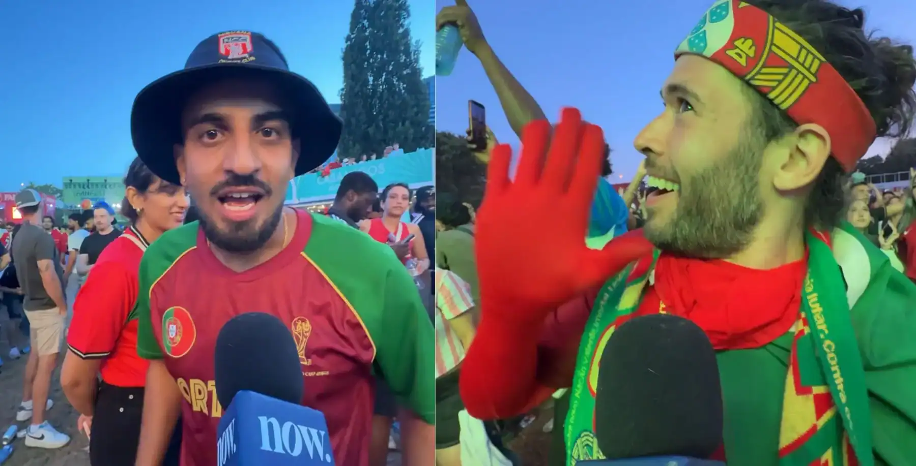 Fans celebrating Portugal's victory at a Toronto outdoor event, wearing Portugal jerseys and accessories, with a lively crowd in the background.